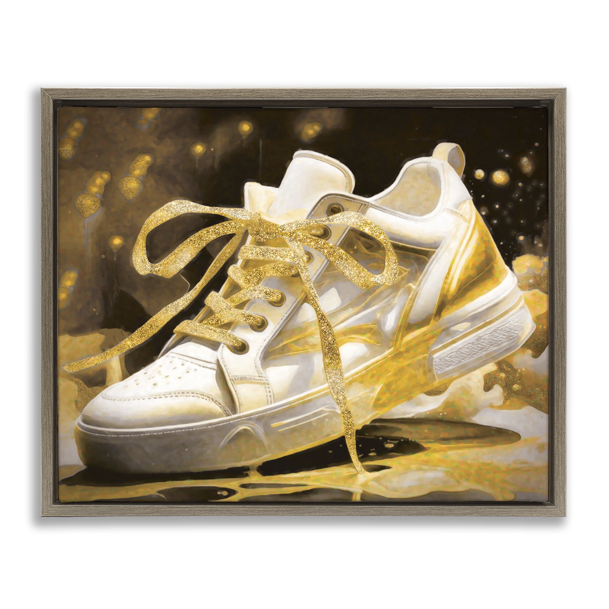 Stupell Industries Splashy Gold Sneaker Brown Framed Floater Canvas Wall Art, design by Grotto Studios