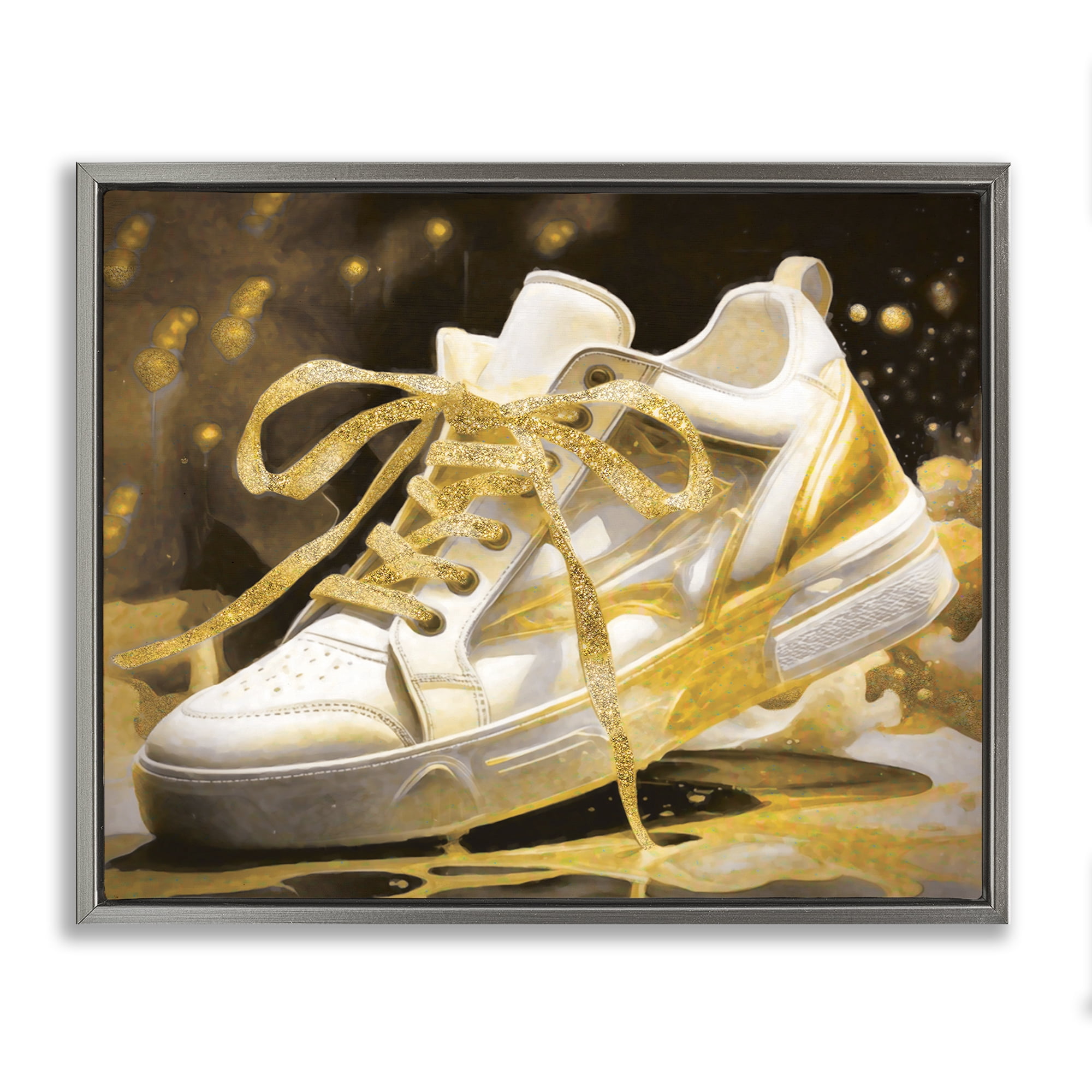 Stupell Industries Splashy Gold Sneaker Gray Framed Floater Canvas Wall Art, design by Grotto Studios