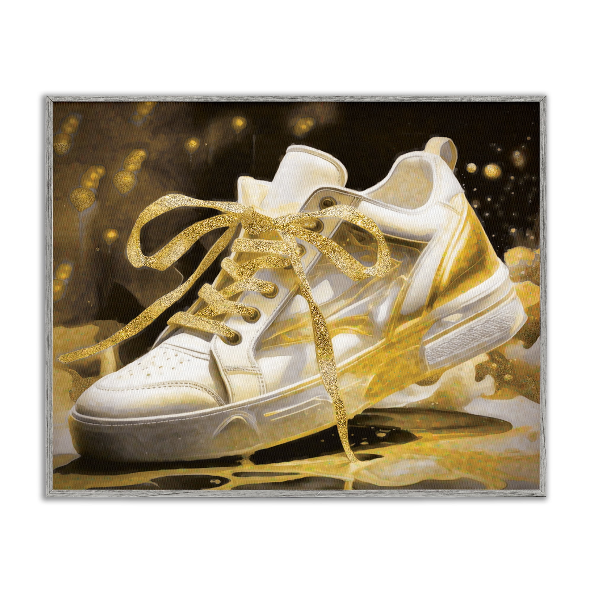 Stupell Industries Splashy Gold Sneaker Gray Framed Giclee Art, design by Grotto Studios