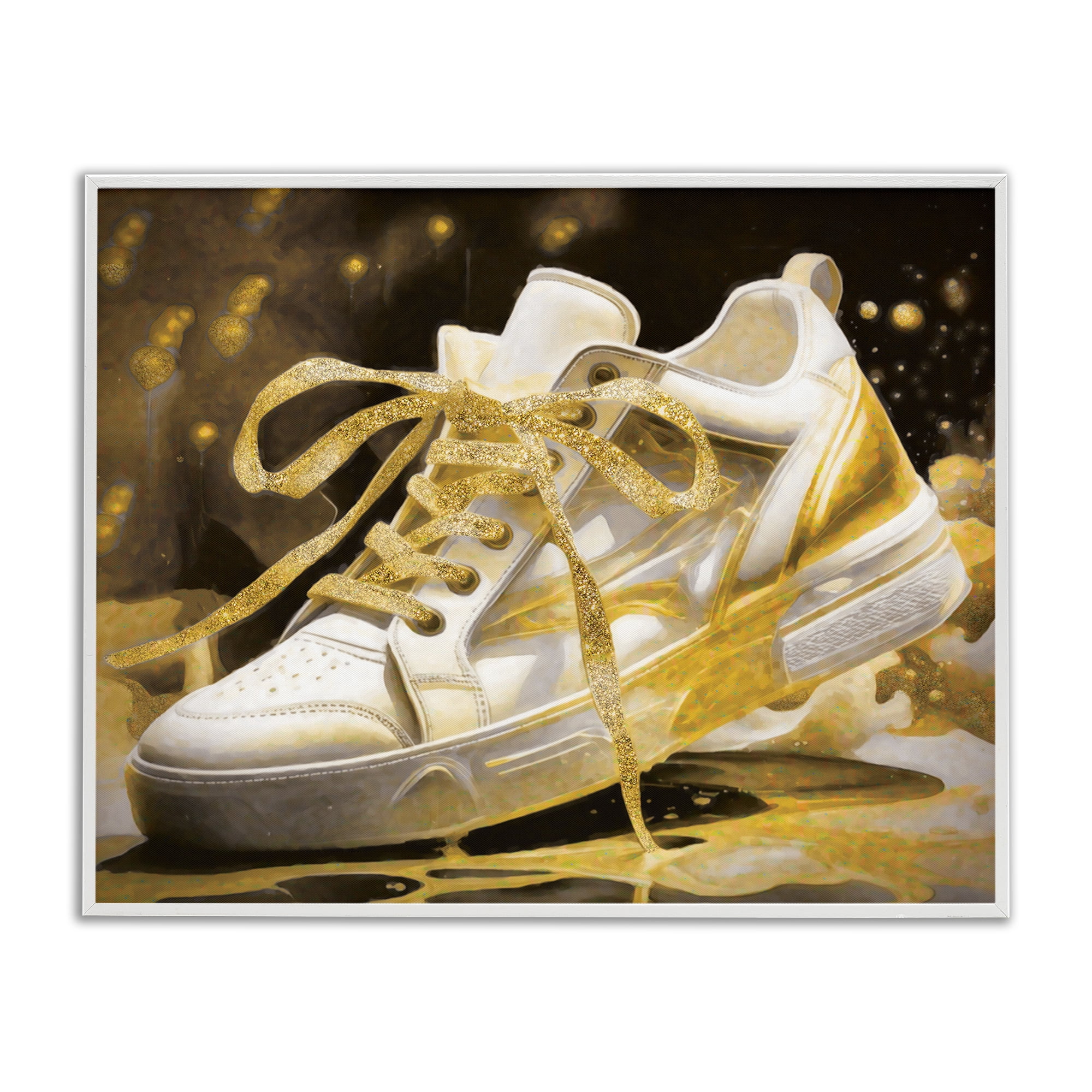 Stupell Industries Splashy Gold Sneaker White Framed Giclee Art, design by Grotto Studios