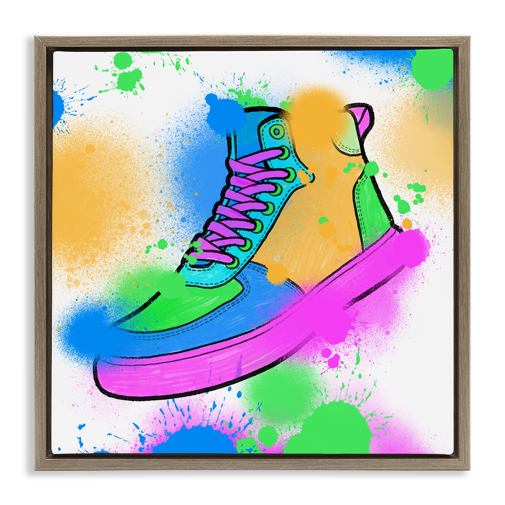 Stupell Industries Splattered Cool Sneakers Entertainment Painting Brown Floater Framed Canvas Art Print Wall Art, 18 x 18