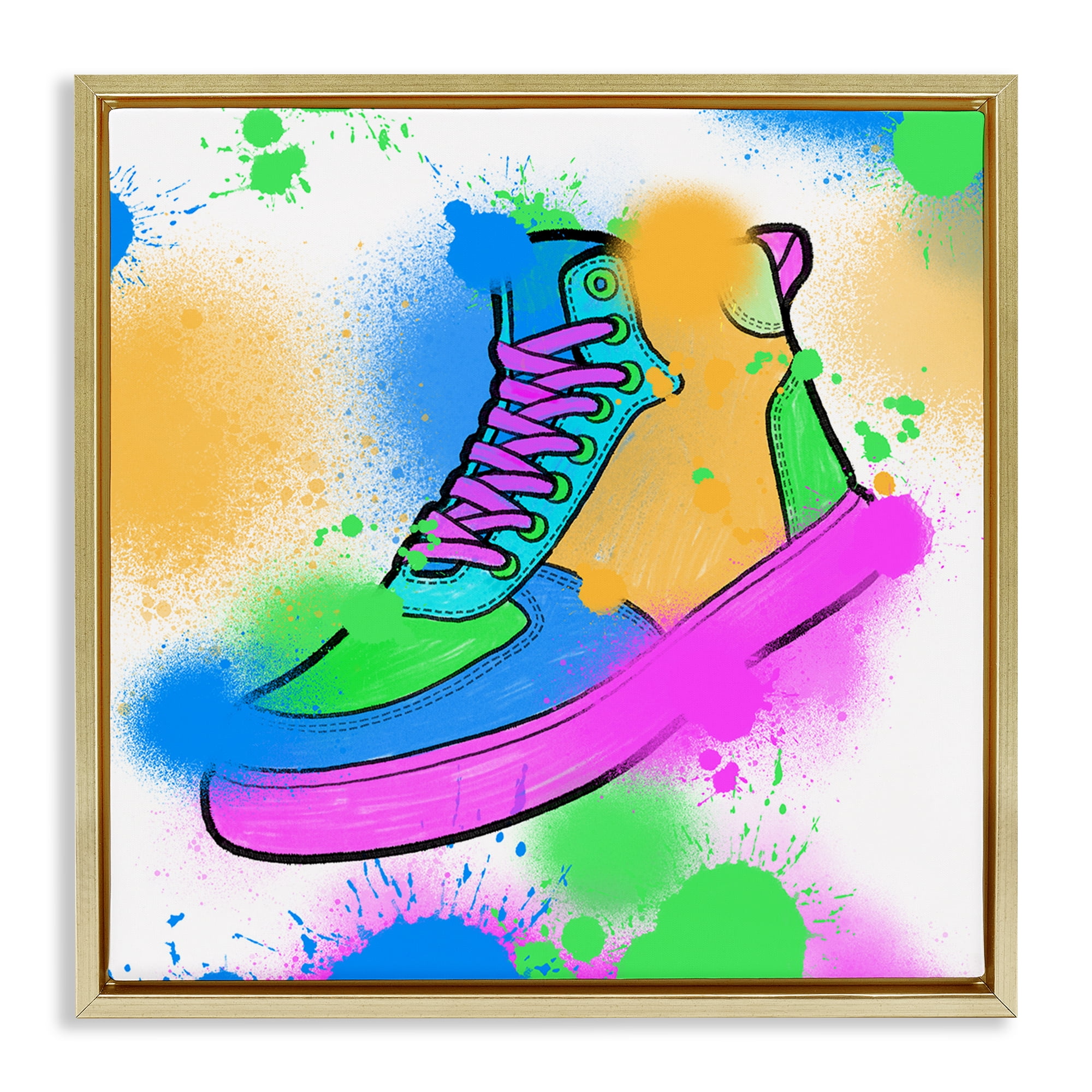 Stupell Industries Splattered Cool Sneakers Entertainment Painting Gold Floater Framed Canvas Art Print Wall Art, 18 x 18