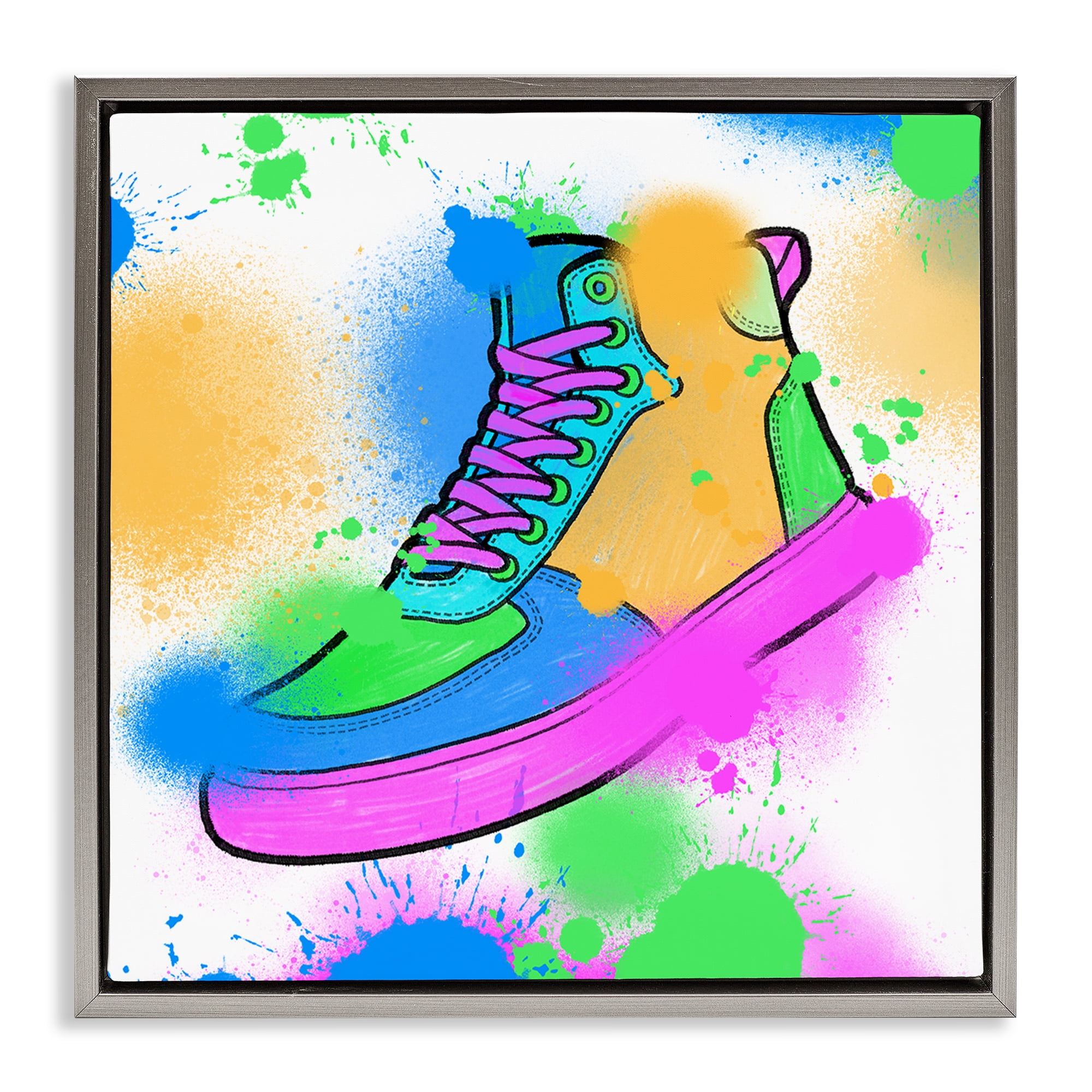 Stupell Industries Splattered Cool Sneakers Entertainment Painting Gray Floater Framed Canvas Art Print Wall Art, 18 x 18