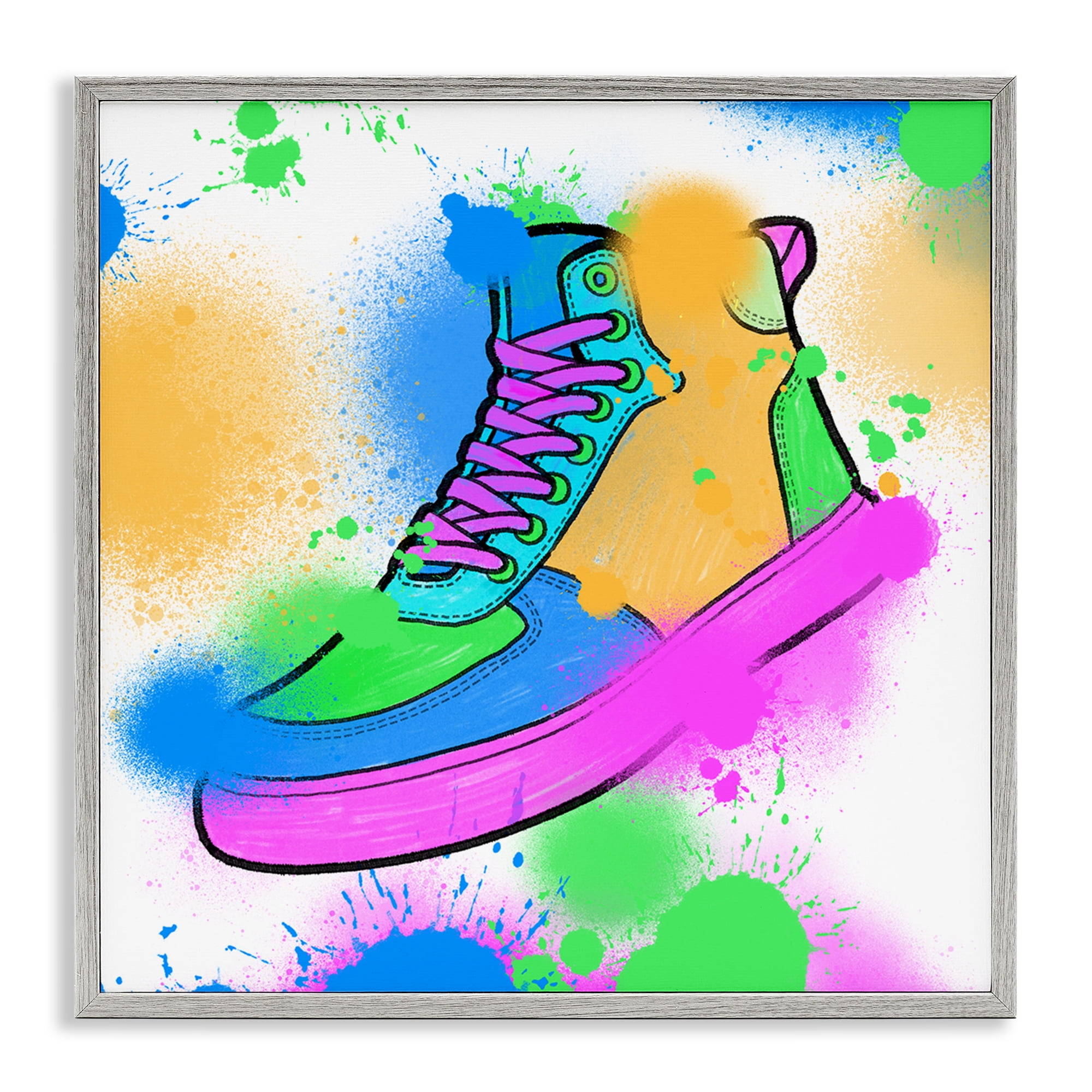 Stupell Industries Splattered Cool Sneakers Entertainment Painting Gray Framed Art Print Wall Art, 12 x 12