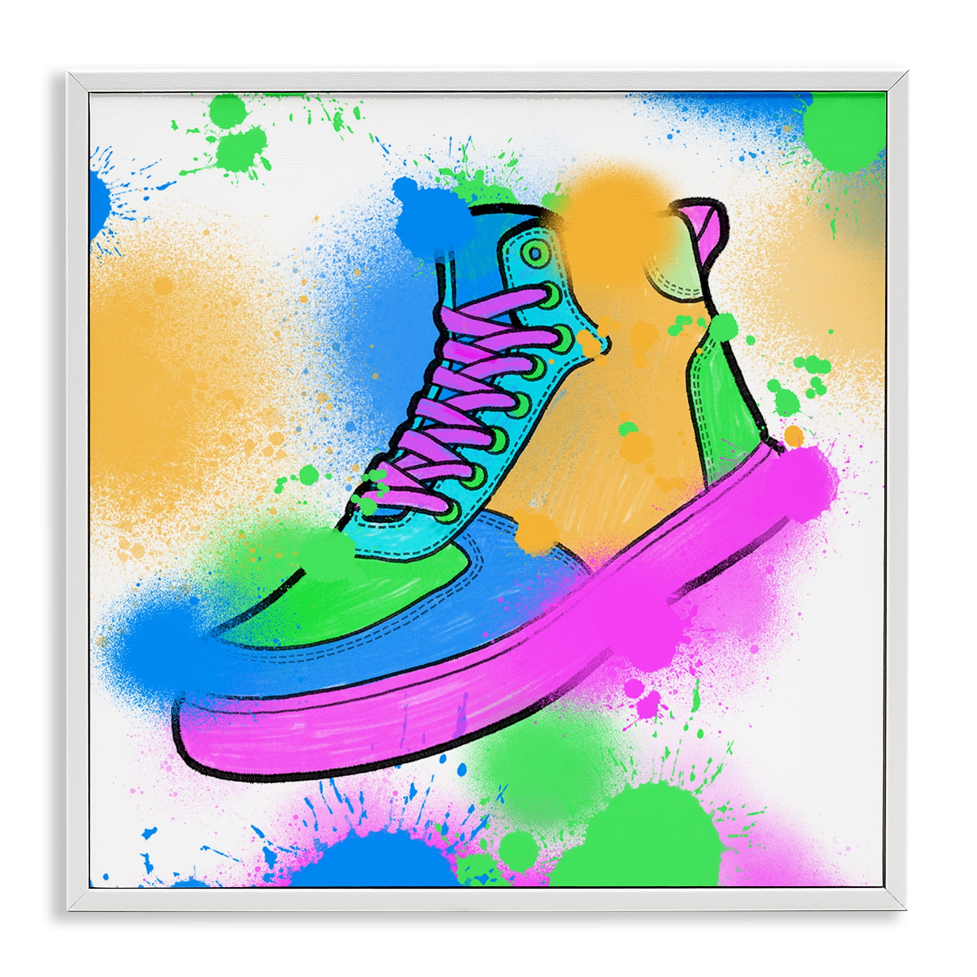 Stupell Industries Splattered Cool Sneakers Entertainment Painting White Framed Art Print Wall Art, 12 x 12
