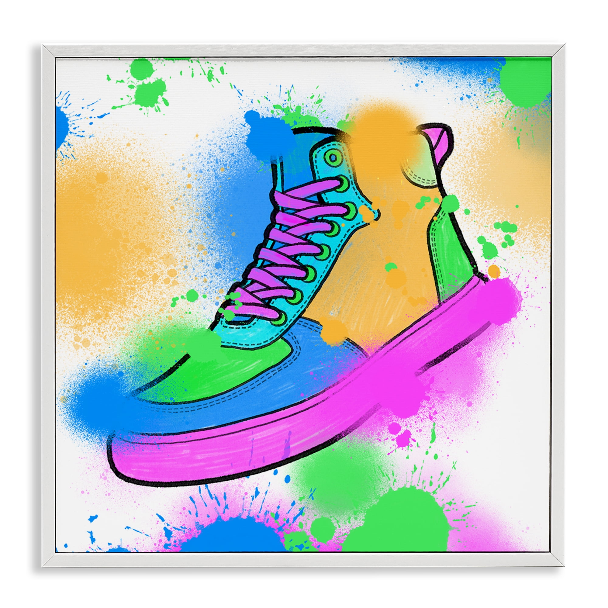 Stupell Industries Splattered Cool Sneakers Entertainment Painting White Framed Art Print Wall Art, 17 x 17