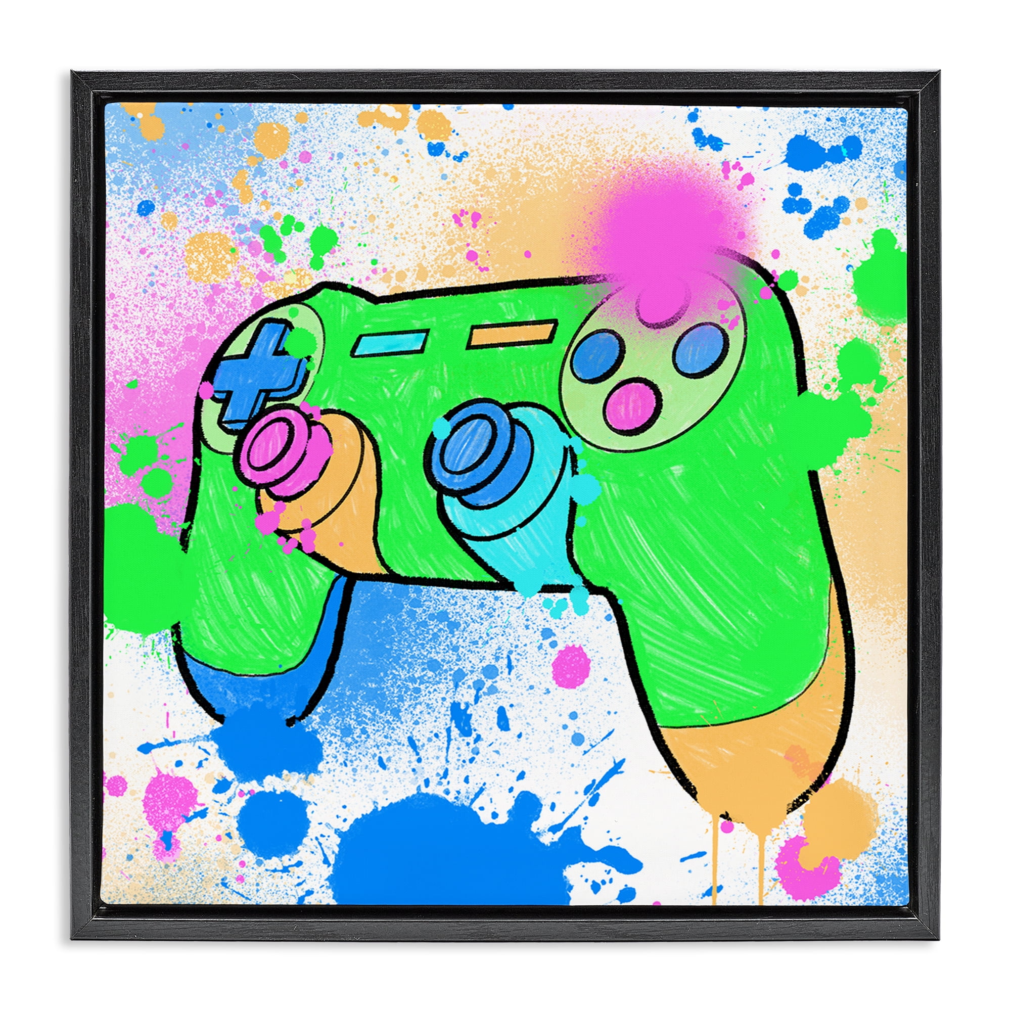 Stupell Industries Splattered Game Controller Entertainment Painting Black Floater Framed Canvas Art Print Wall Art, 18 x 18