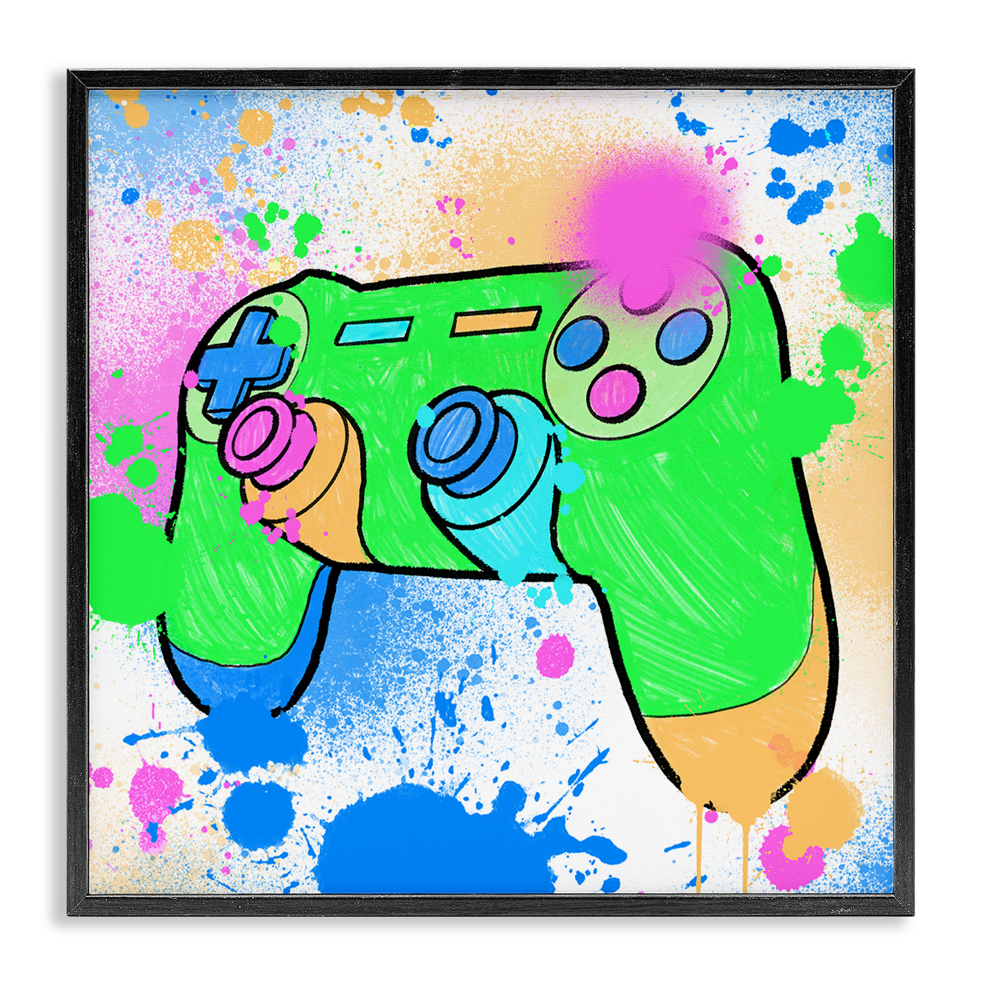 Stupell Industries Splattered Game Controller Entertainment Painting Black Framed Art Print Wall Art, 17 x 17