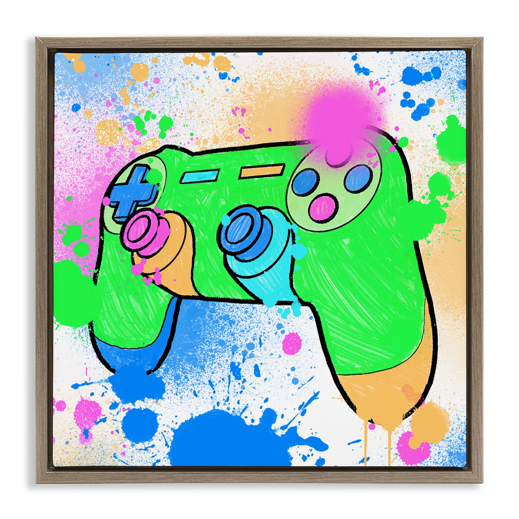 Stupell Industries Splattered Game Controller Entertainment Painting Brown Floater Framed Canvas Art Print Wall Art, 18 x 18