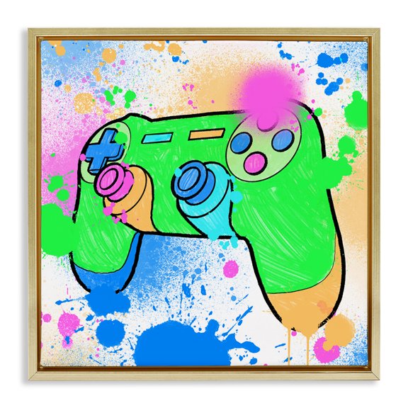 Stupell Industries Splattered Game Controller Entertainment Painting Gold Floater Framed Canvas Art Print Wall Art, 18 x 18