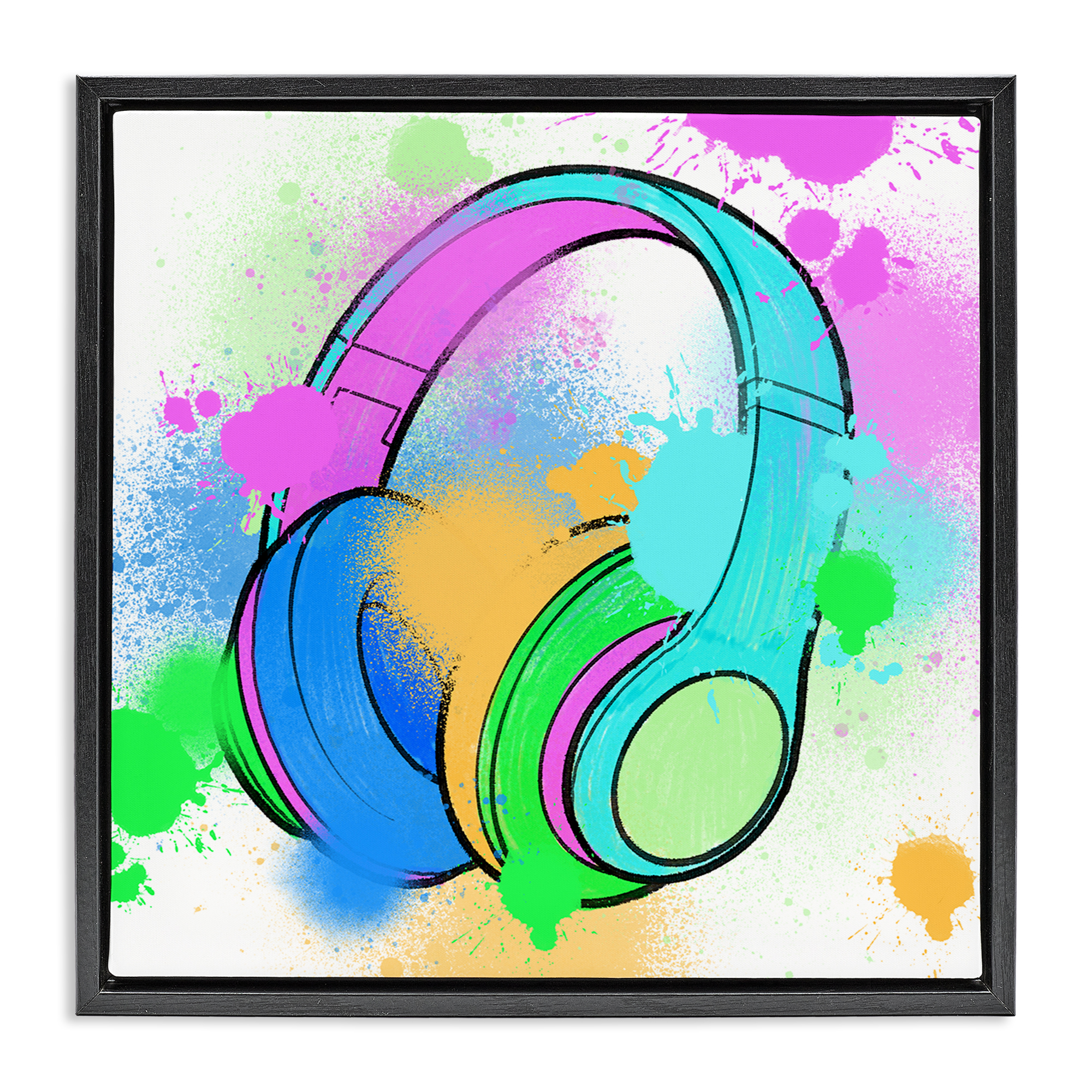 Stupell Industries Splattered Music Headphones Entertainment Painting Black Floater Framed Canvas Art Print Wall Art, 18 x 18