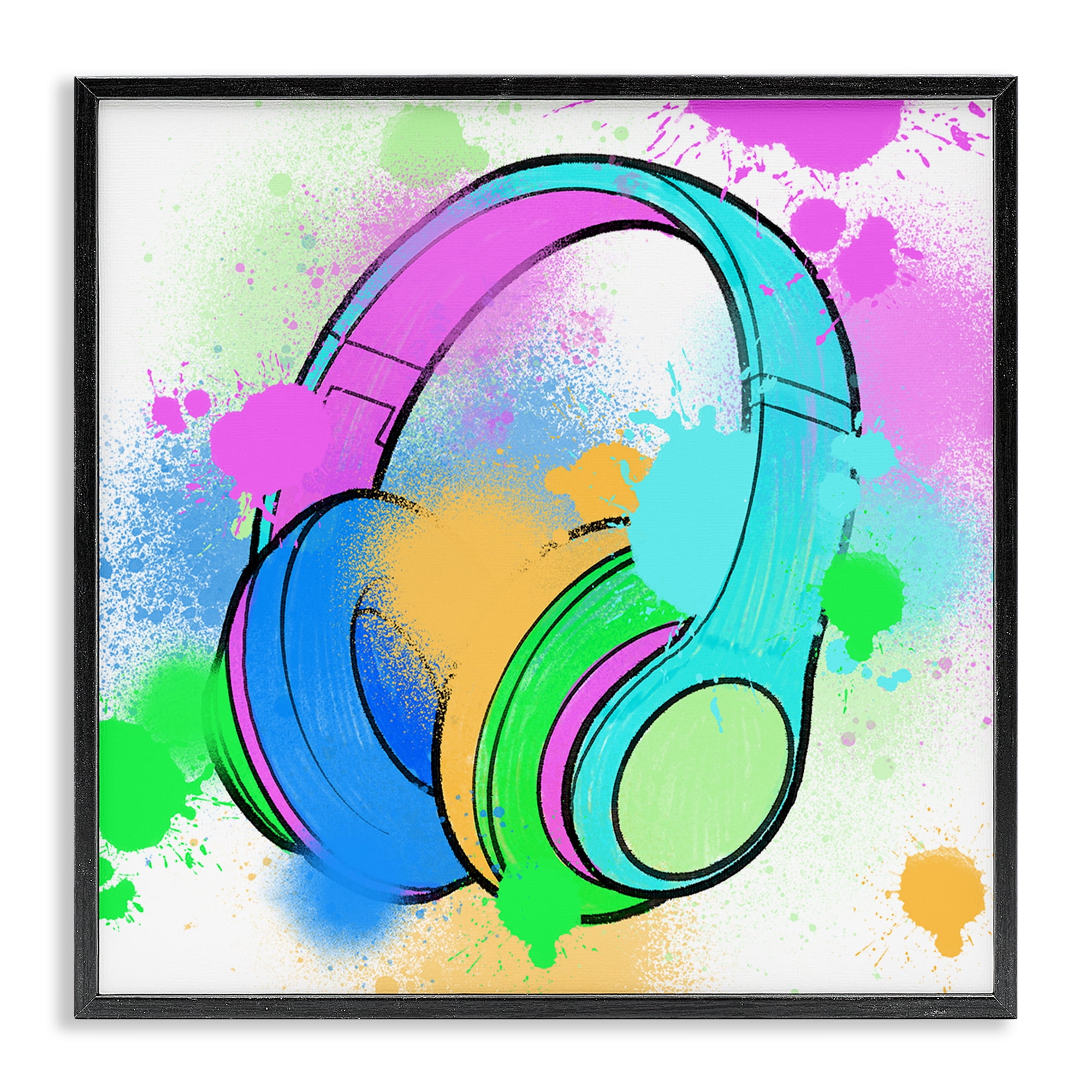 Stupell Industries Splattered Music Headphones Entertainment Painting Black Framed Art Print Wall Art, 12 x 12