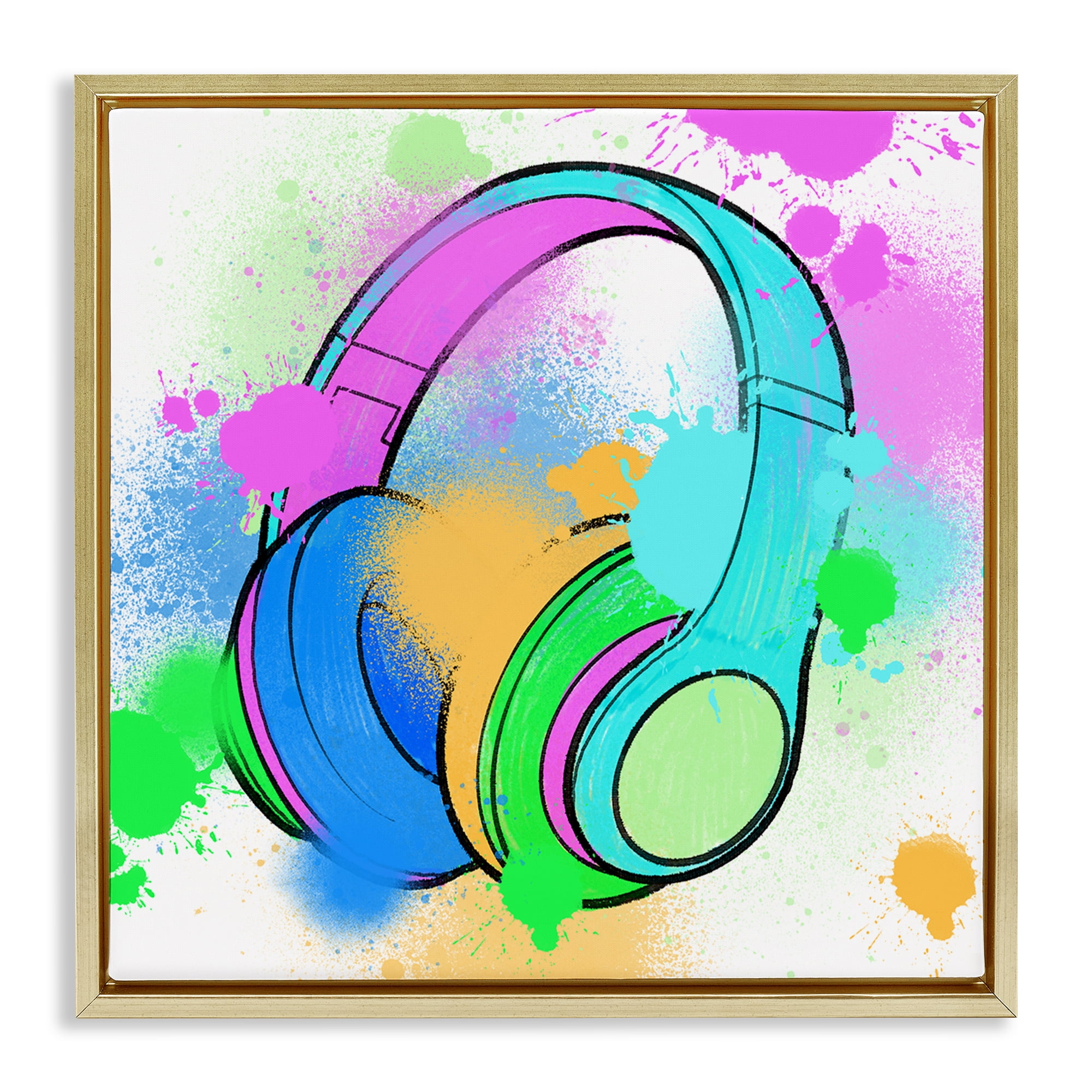 Stupell Industries Splattered Music Headphones Entertainment Painting Gold Floater Framed Canvas Art Print Wall Art, 25 x 25