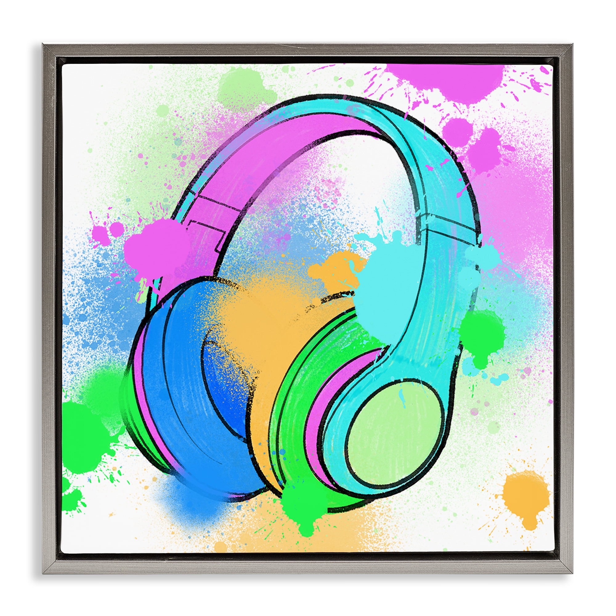 Stupell Industries Splattered Music Headphones Entertainment Painting Gray Floater Framed Canvas Art Print Wall Art, 25 x 25