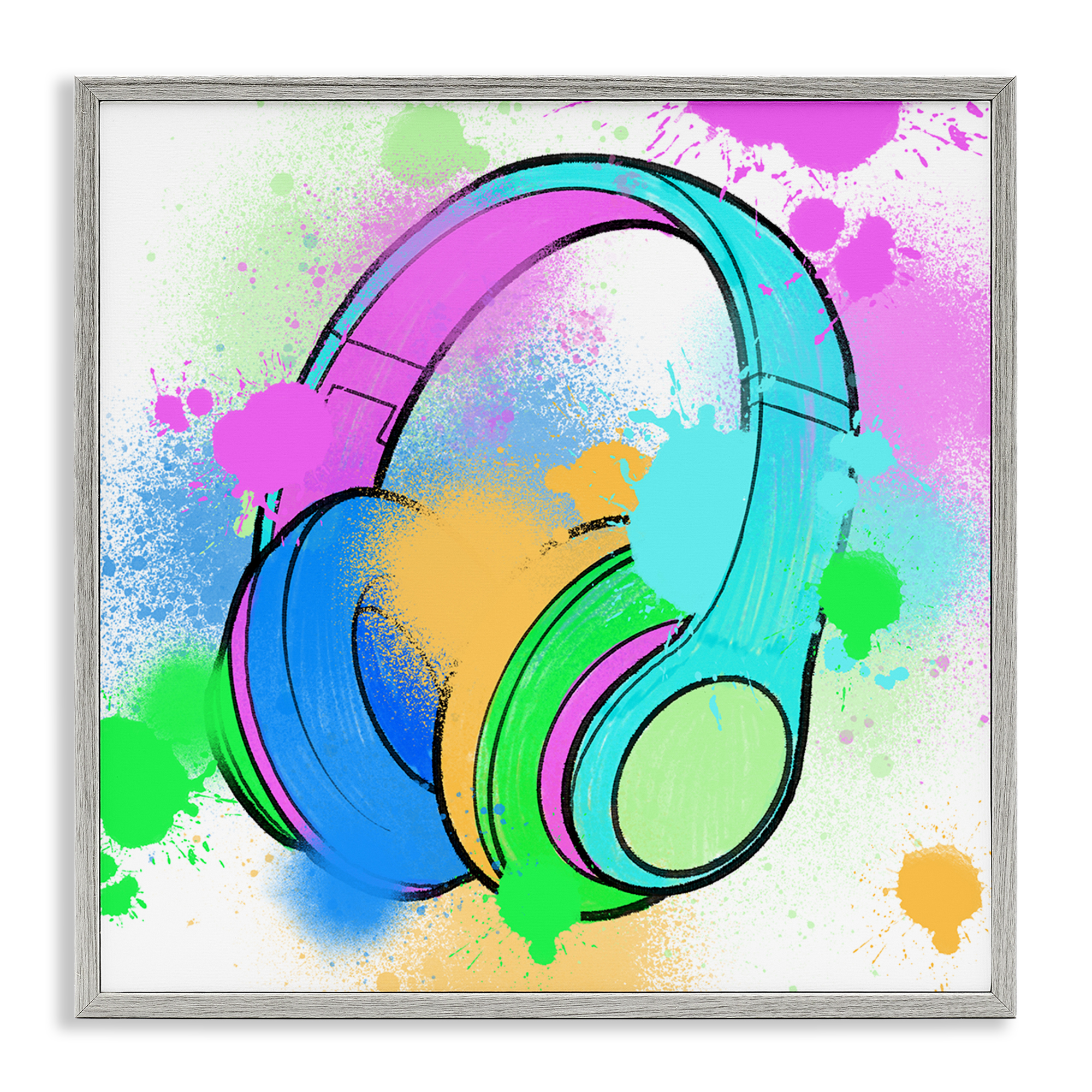 Stupell Industries Splattered Music Headphones Entertainment Painting Gray Framed Art Print Wall Art, 24 x 24