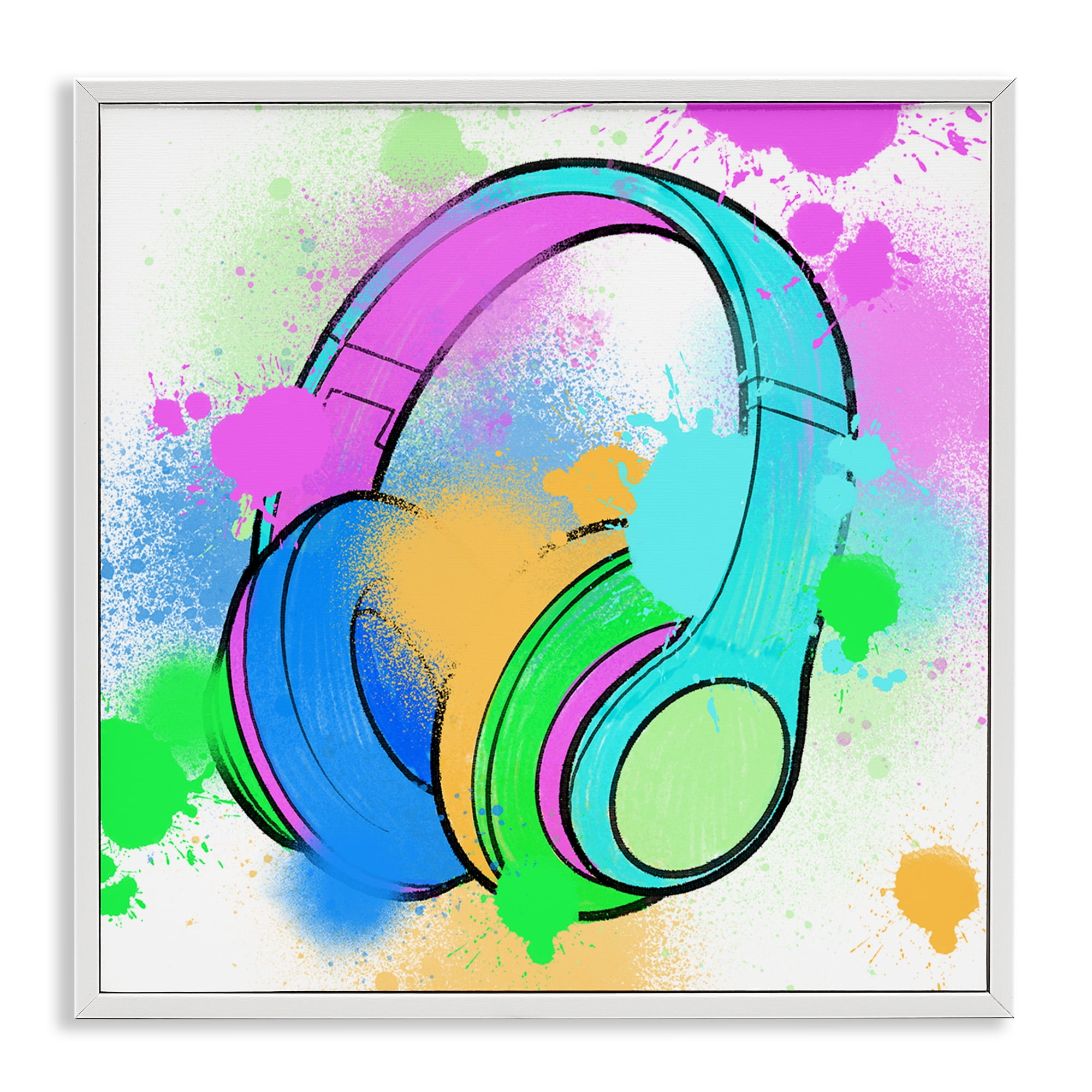 Stupell Industries Splattered Music Headphones Entertainment Painting White Framed Art Print Wall Art, 12 x 12