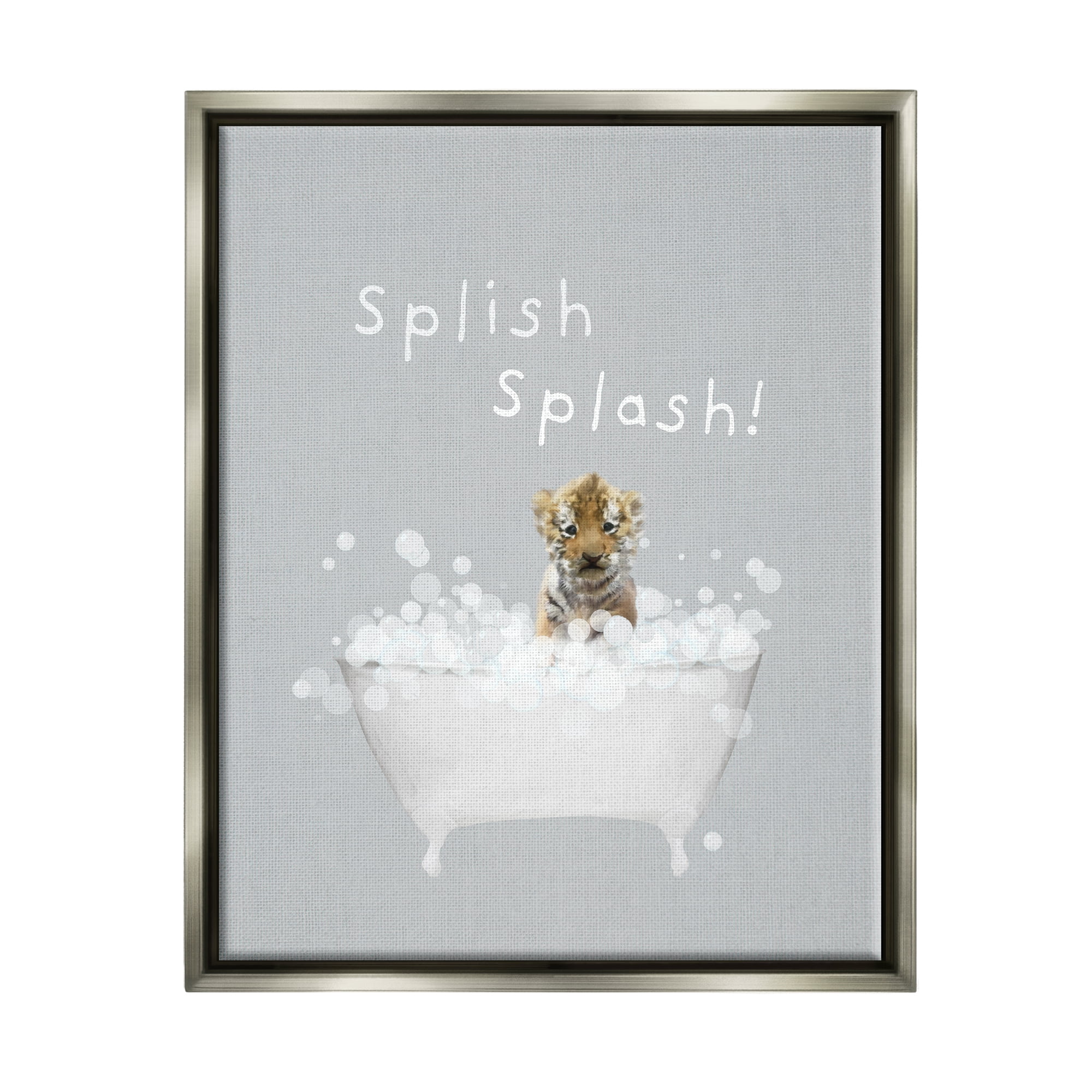 Stupell Industries Splish Splash Baby Tiger Animals & Insects Painting Gray Floater Framed Canvas Art Print Wall Art, 25 x 31