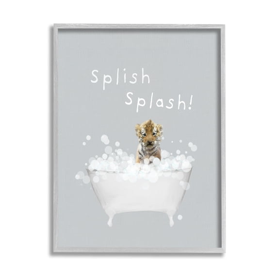 Stupell Industries Splish Splash Baby Tiger Animals & Insects Painting Gray Framed Art Print Wall Art, 24 x 30