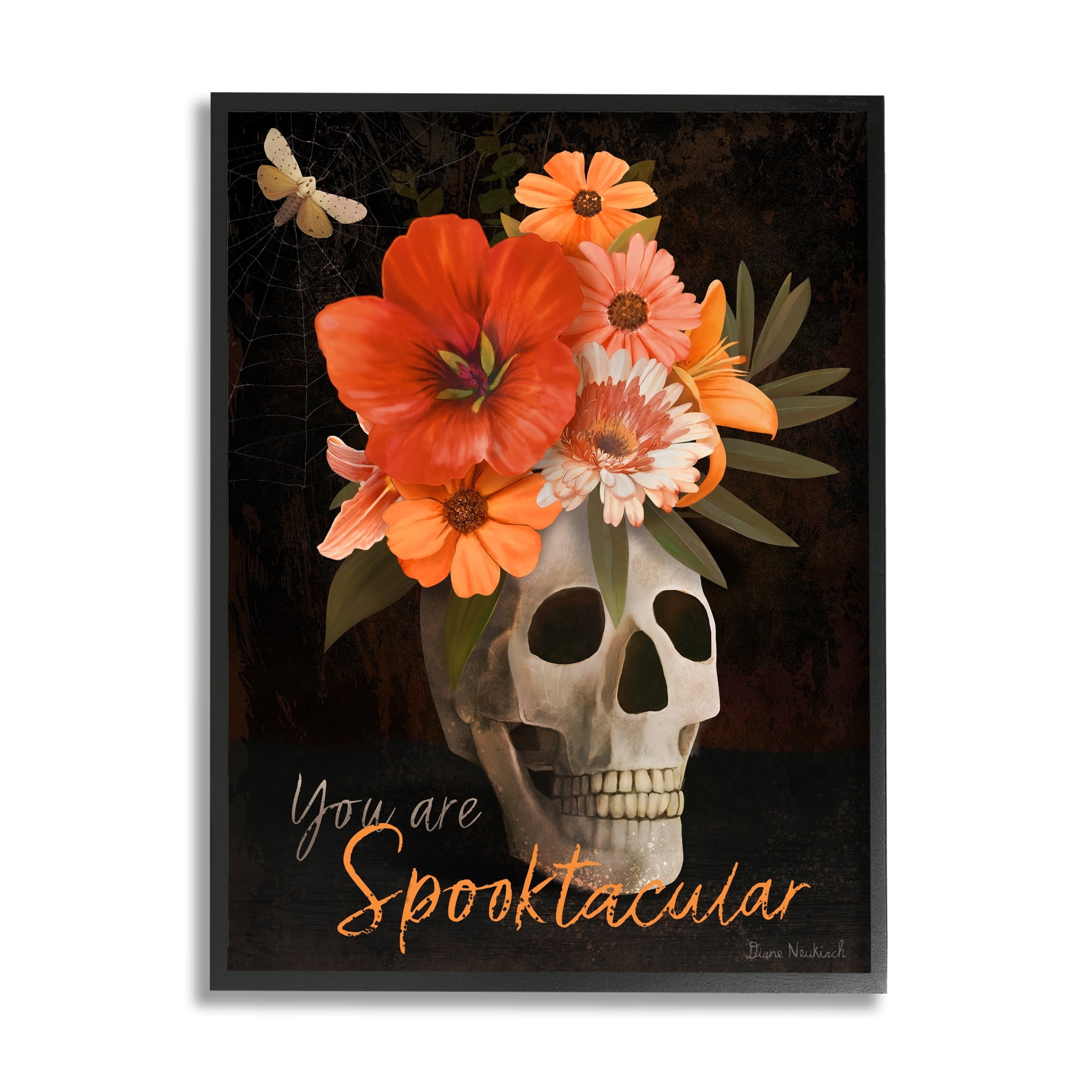 Stupell Industries Spooktacular Halloween Skull Flower Arrangement Spider Web Graphic Art Black Framed Art Print Wall Art, Design by Diane Neukirch