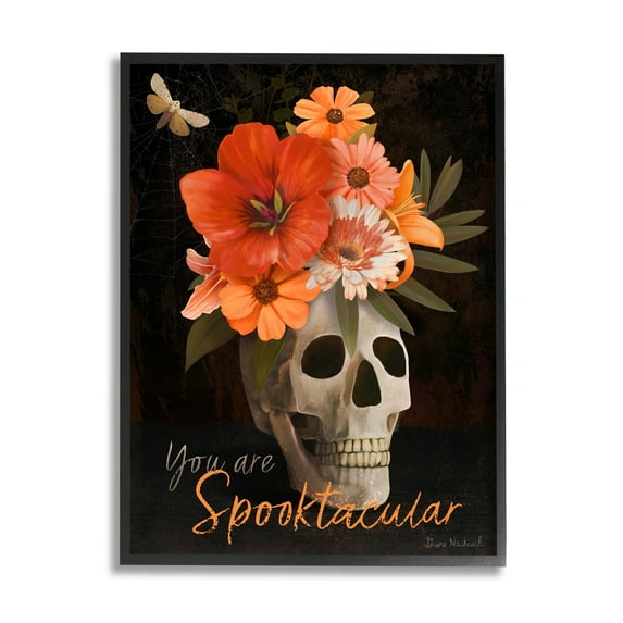 Stupell Industries Spooktacular Halloween Skull Flower Arrangement Spider Web Graphic Art Black Framed Art Print Wall Art, Design by Diane Neukirch