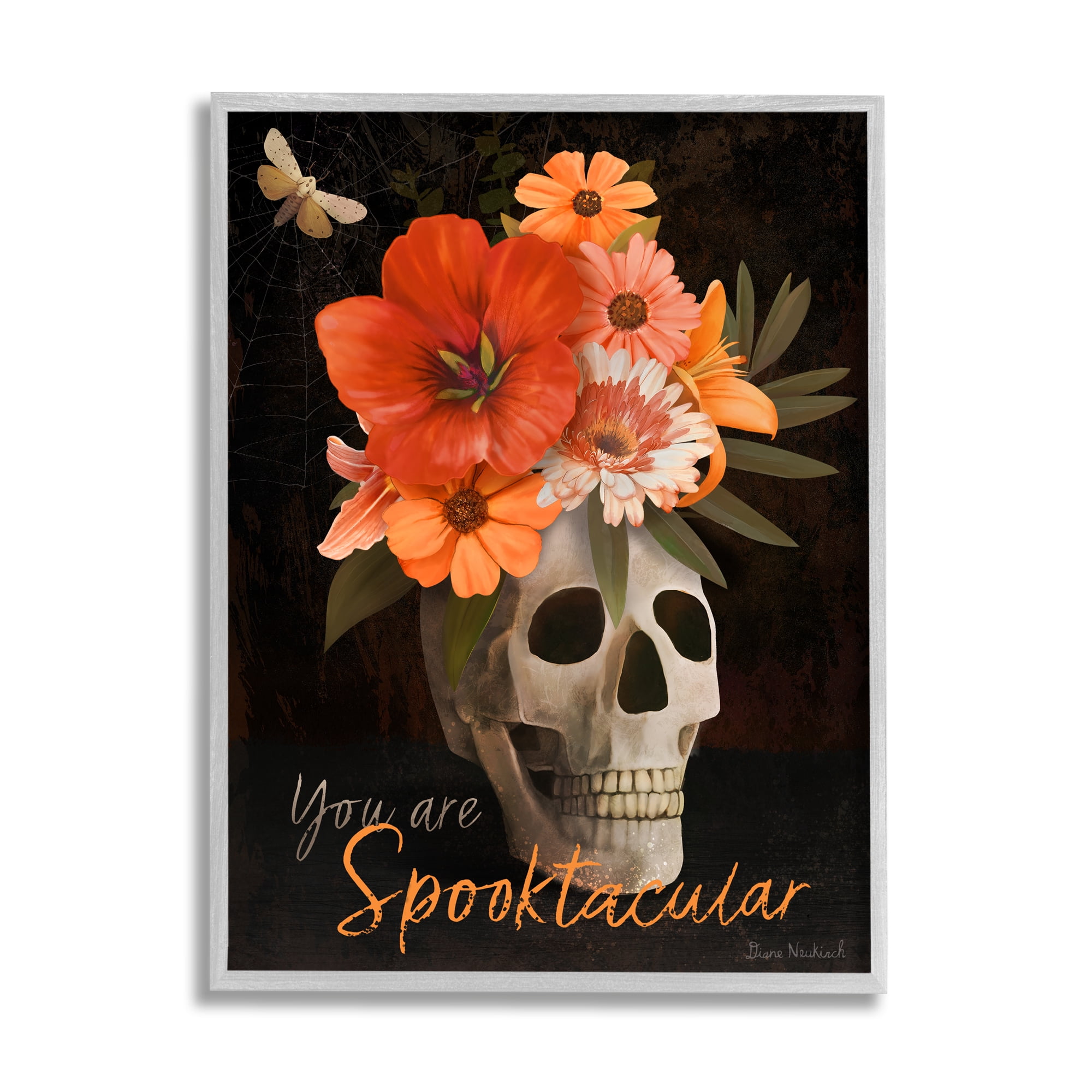 Stupell Industries Spooktacular Halloween Skull Flower Arrangement Spider Web Graphic Art Gray Framed Art Print Wall Art, Design by Diane Neukirch
