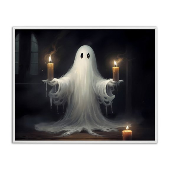 Spooky Candlelit Ghost White Framed Giclee Art, 14 x 11, Made In USA
