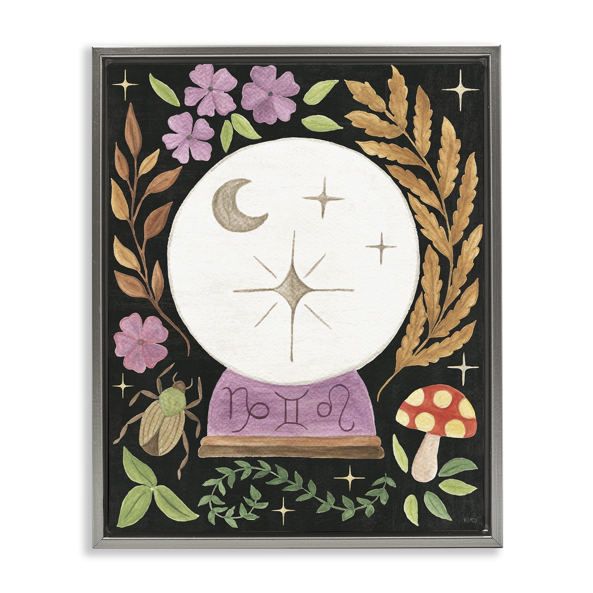 Stupell Industries Spooky Chic Crystal Ball Astrology & Stars Painting Gray Floater Framed Canvas Art Print Wall Art, 17 x 21