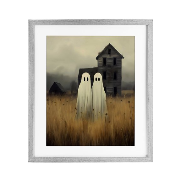 Spooky Farmhouse Ghost Duo Gray Framed Print Under Glass, 13 x 16, Made In USA