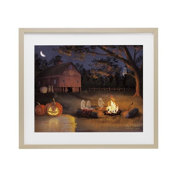 Spooky Ghosts & Autumn Campfire Brown Framed Print Under Glass, 16 x 13, Made In USA