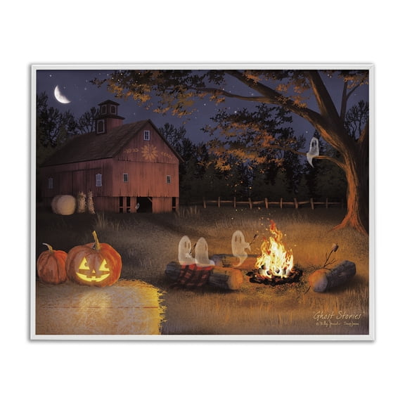 Spooky Ghosts & Autumn Campfire White Framed Giclee Art, 14 x 11, Made In USA