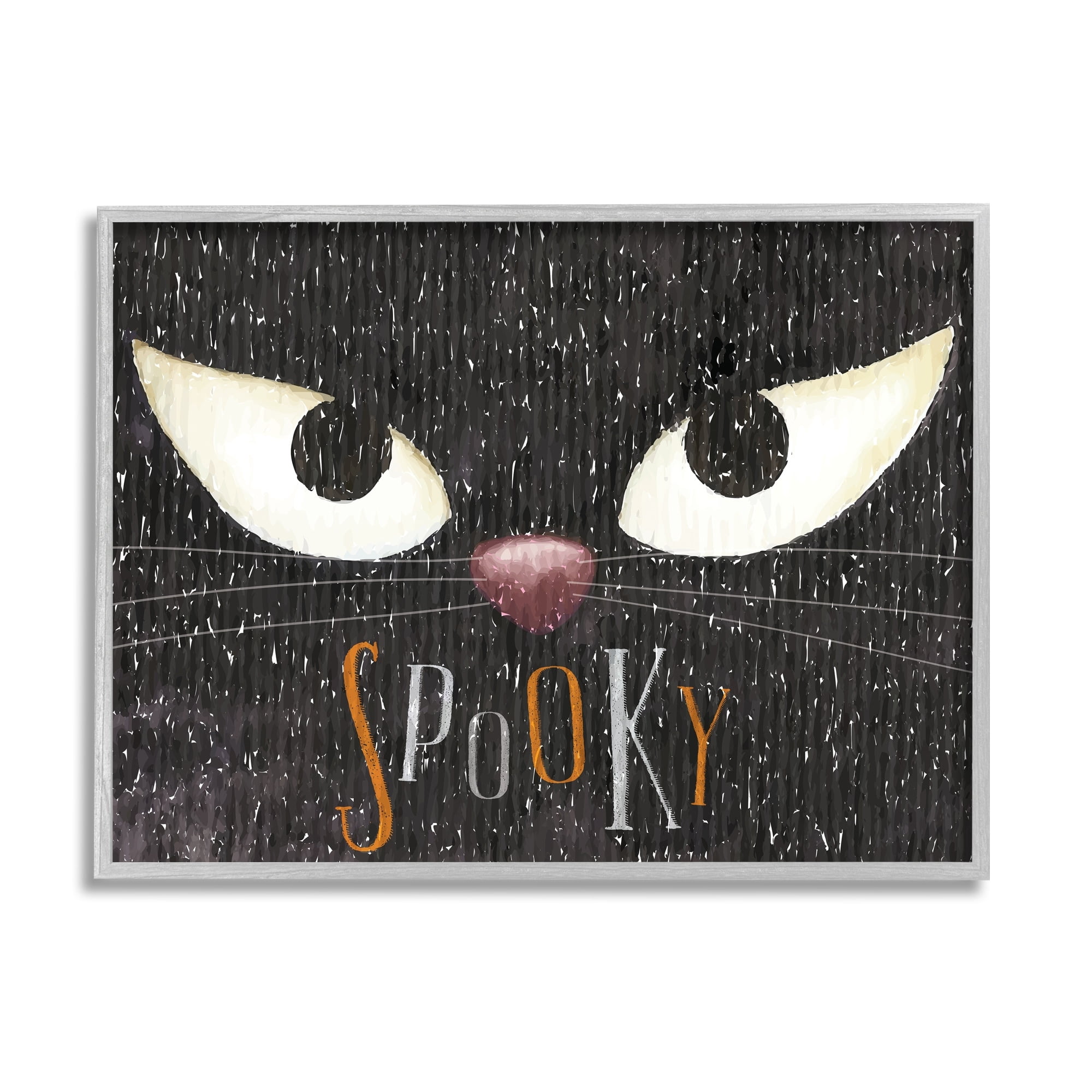 Stupell Industries Spooky Halloween Black Cat Eyes Holiday Painting Gray Framed Art Print Wall Art