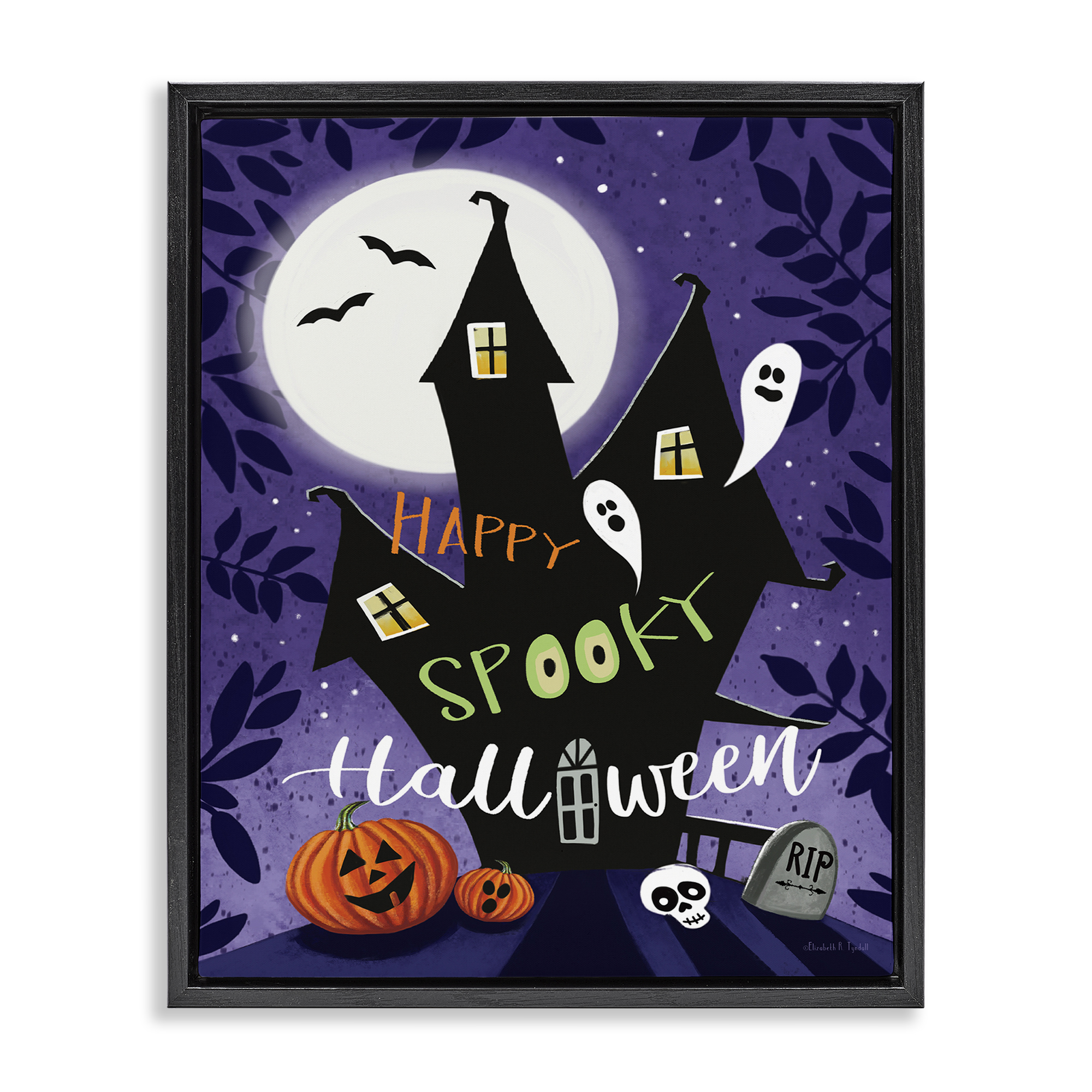 Stupell Industries Spooky Halloween House Holiday Painting Black Floater Framed Canvas Art Print Wall Art, 17 x 21