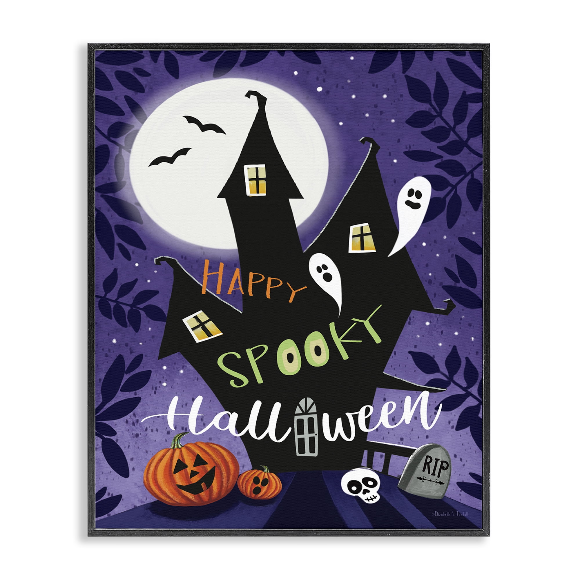 Stupell Industries Spooky Halloween House Holiday Painting Black Framed Art Print Wall Art, 16 x 20