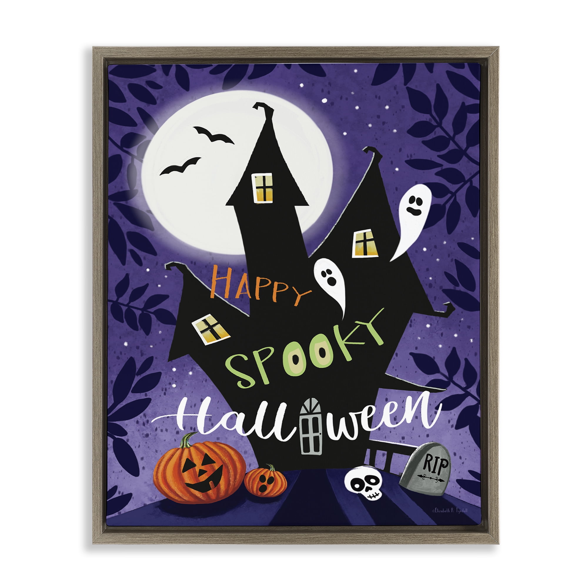 Stupell Industries Spooky Halloween House Holiday Painting Brown Floater Framed Canvas Art Print Wall Art, 25 x 31