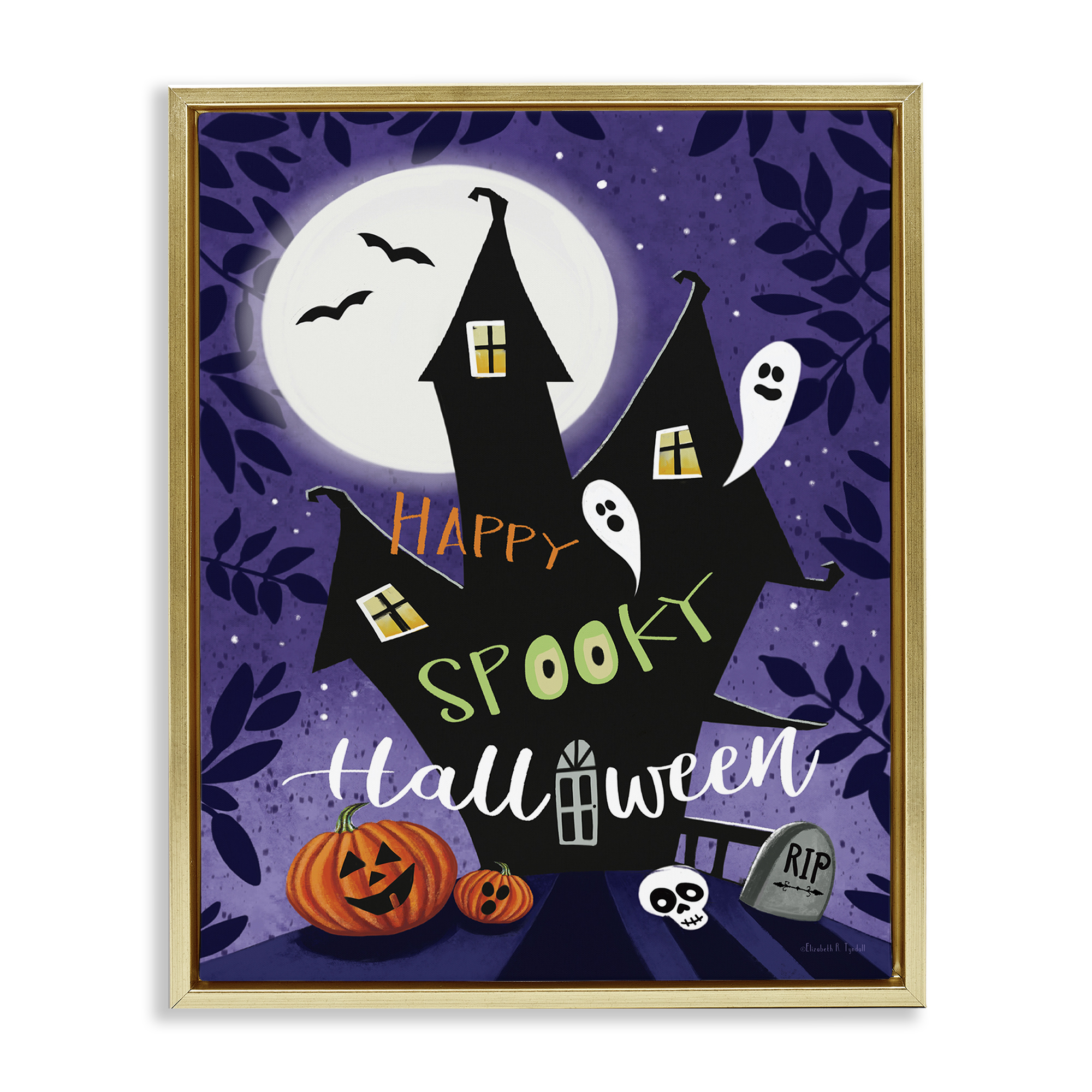 Stupell Industries Spooky Halloween House Holiday Painting Gold Floater Framed Canvas Art Print Wall Art, 25 x 31