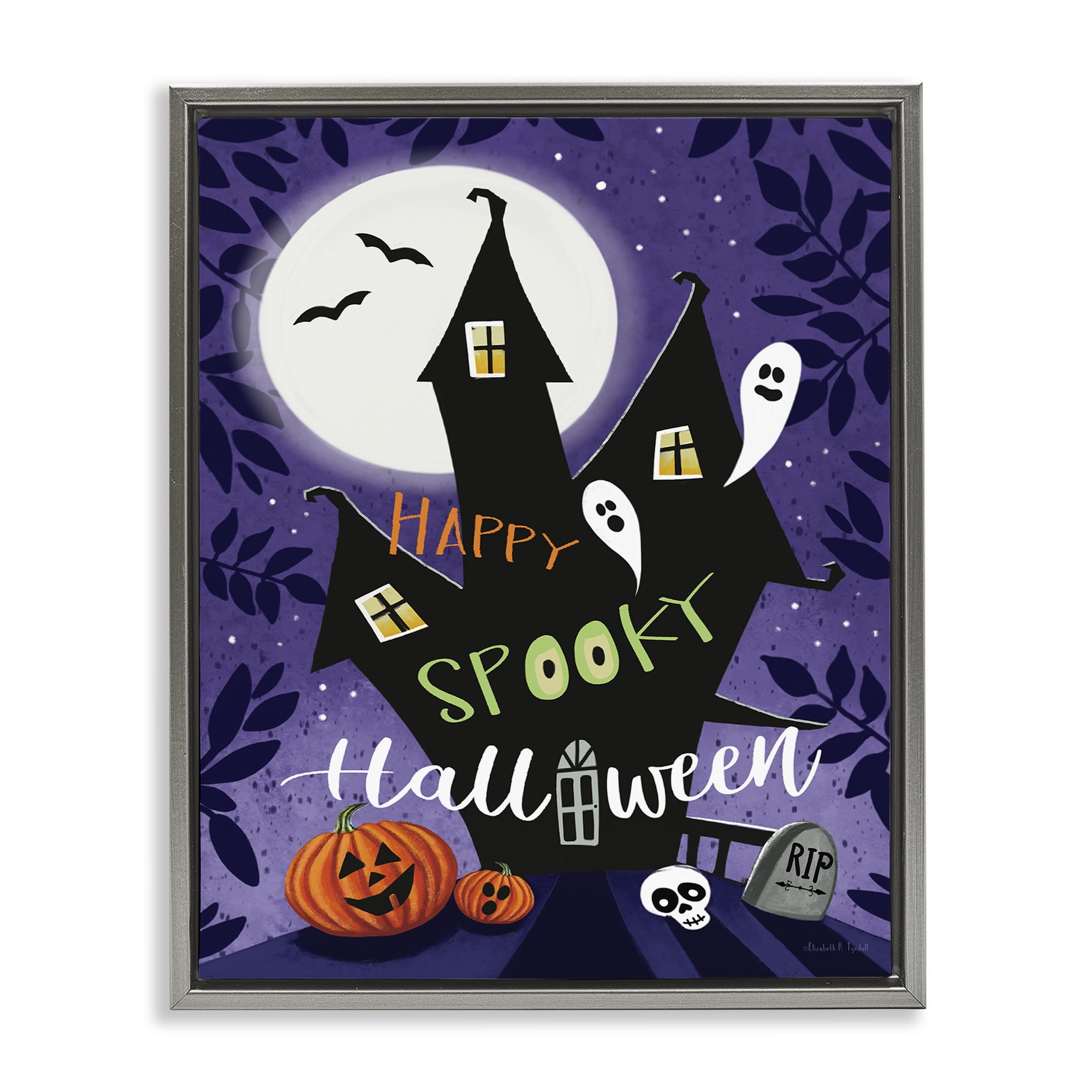 Stupell Industries Spooky Halloween House Holiday Painting Gray Floater Framed Canvas Art Print Wall Art, 17 x 21