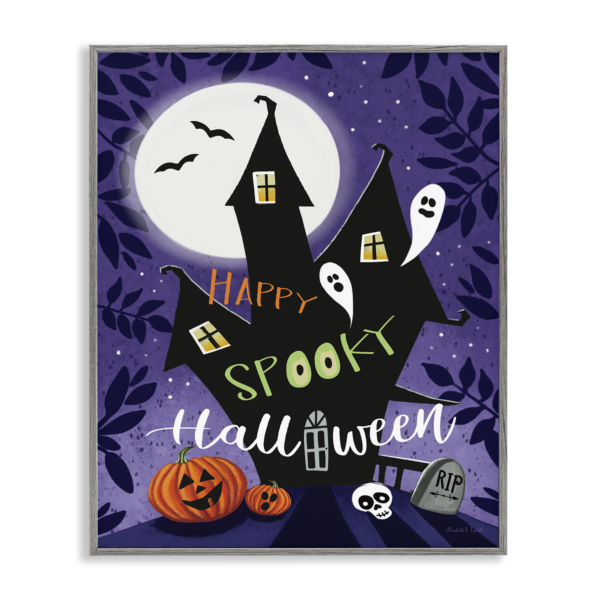 Stupell Industries Spooky Halloween House Holiday Painting Gray Framed Art Print Wall Art, 16 x 20