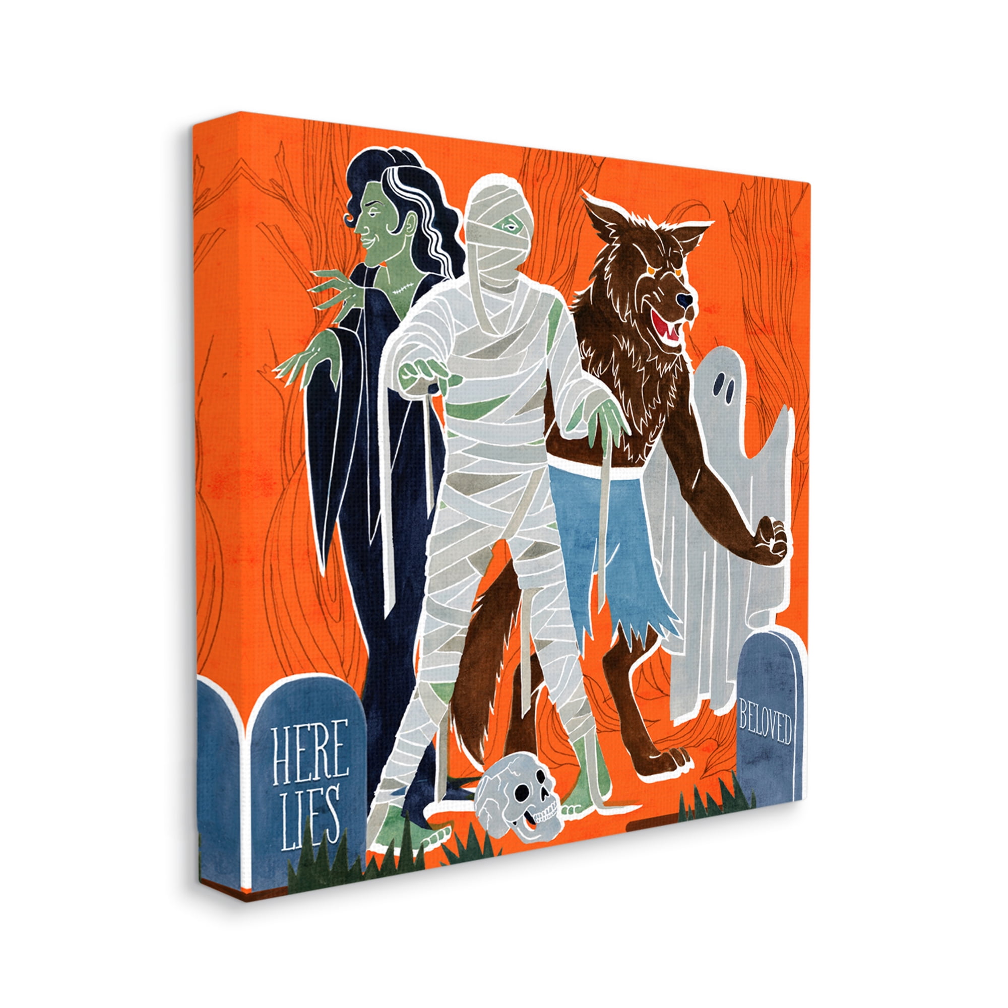 Stupell Industries Spooky Halloween Monsters Orange Graveyard Ghost Canvas Wall Art, 30 x 30, Design by Grace Popp