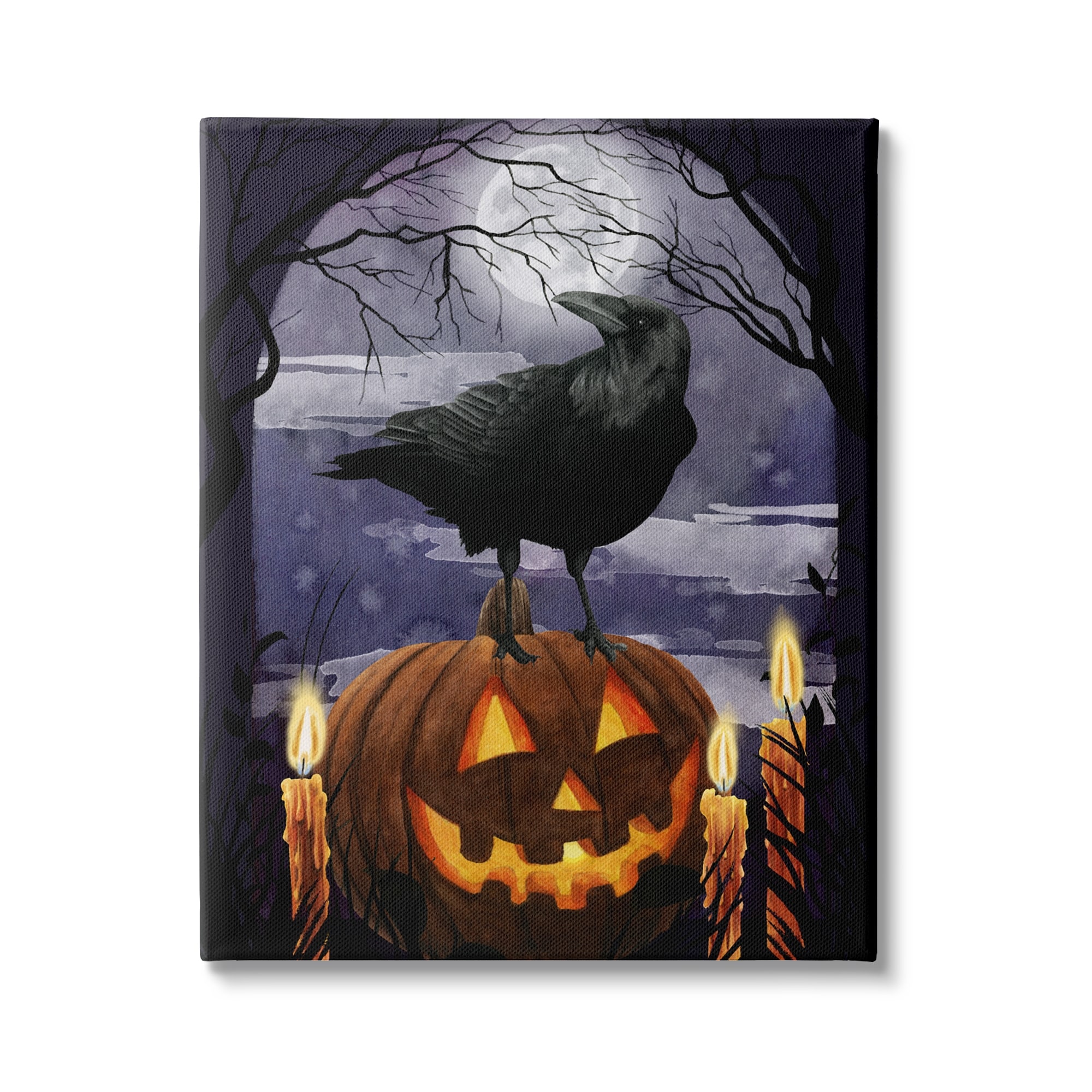 Stupell Industries Spooky Halloween Night Sky Crow Jack-o'-lantern Full Moon, 16 x 20, Design by Grace Popp