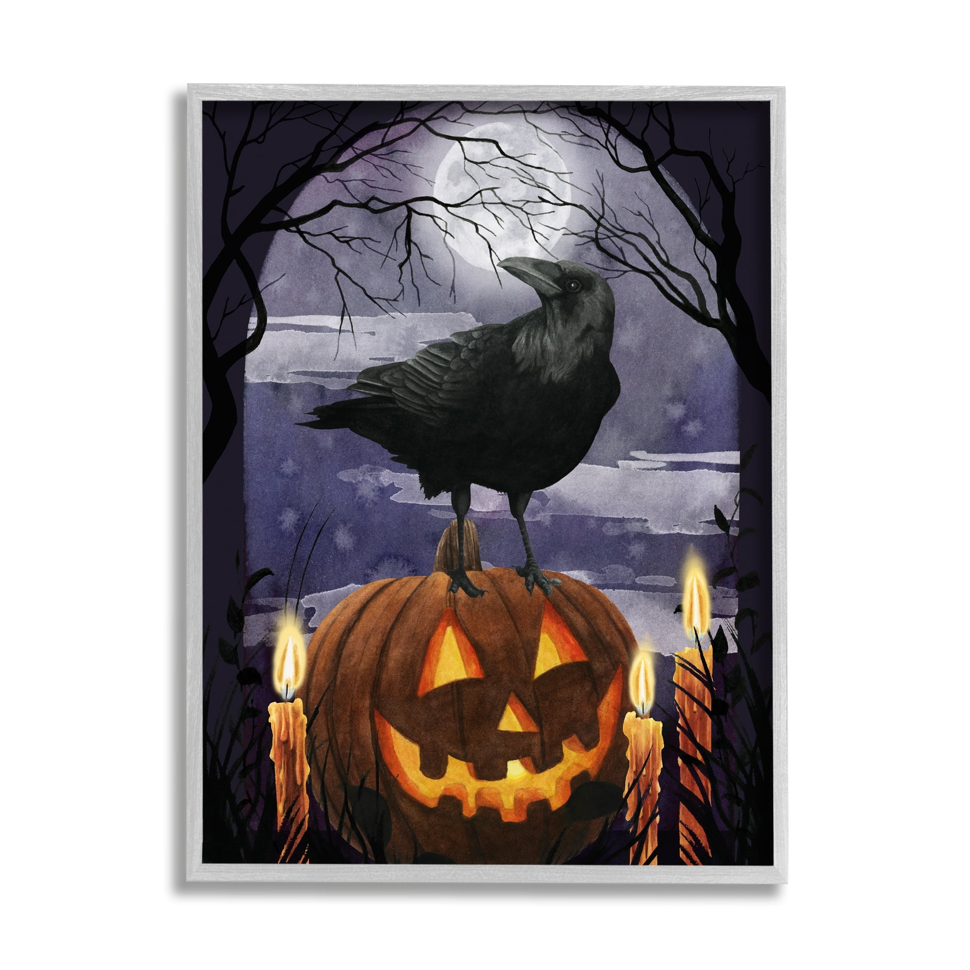 Stupell Industries Spooky Halloween Night Sky Crow Jack-o'-lantern Full Moon, 24 x 30, Design by Grace Popp