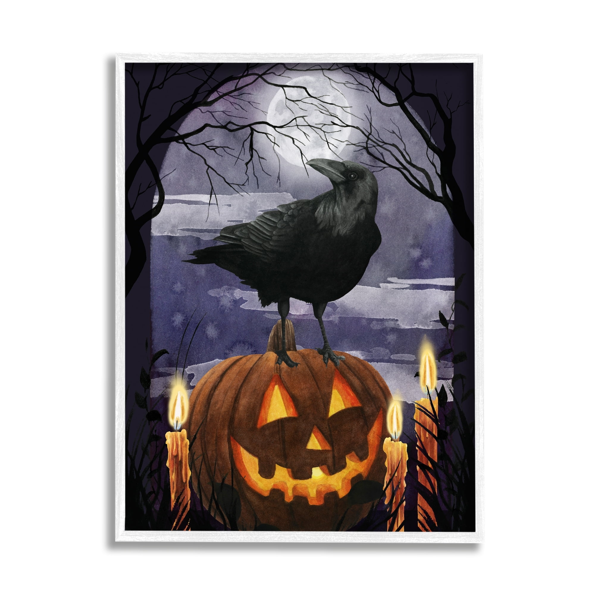 Stupell Industries Spooky Halloween Night Sky Crow Jack-o'-lantern Full Moon, 24 x 30, Design by Grace Popp