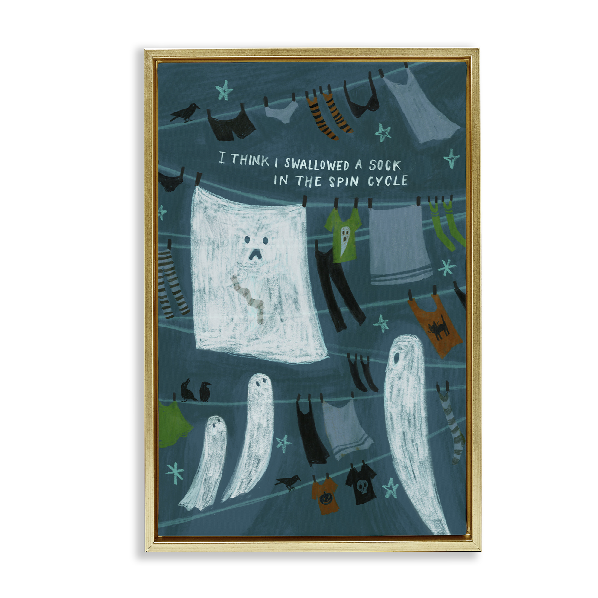 Stupell Industries Spooky Laundry Mystery Holiday Painting Gold Floater Framed Canvas Art Print Wall Art, 17 x 25