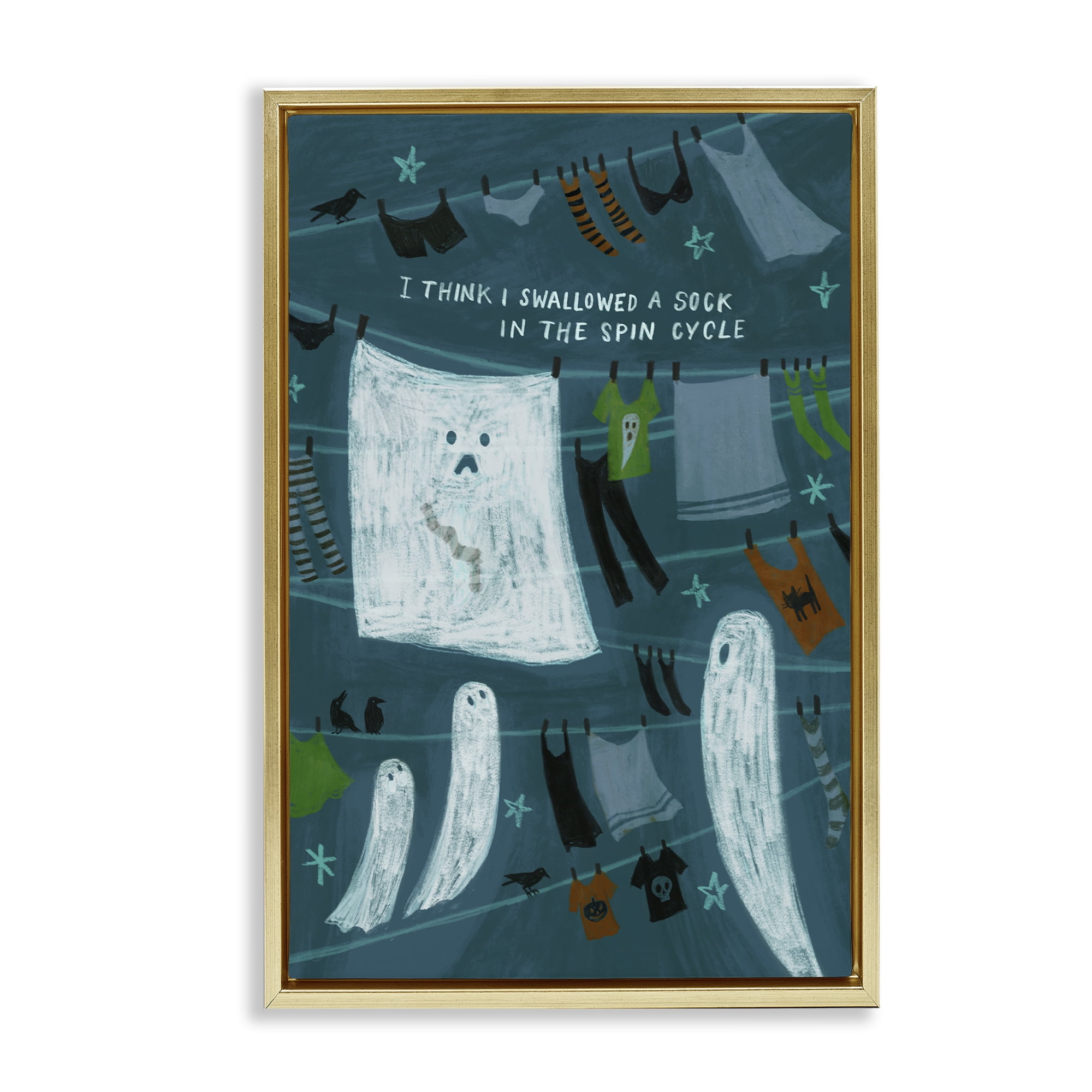 Stupell Industries Spooky Laundry Mystery Holiday Painting Gold Floater Framed Canvas Art Print Wall Art, 21 x 31