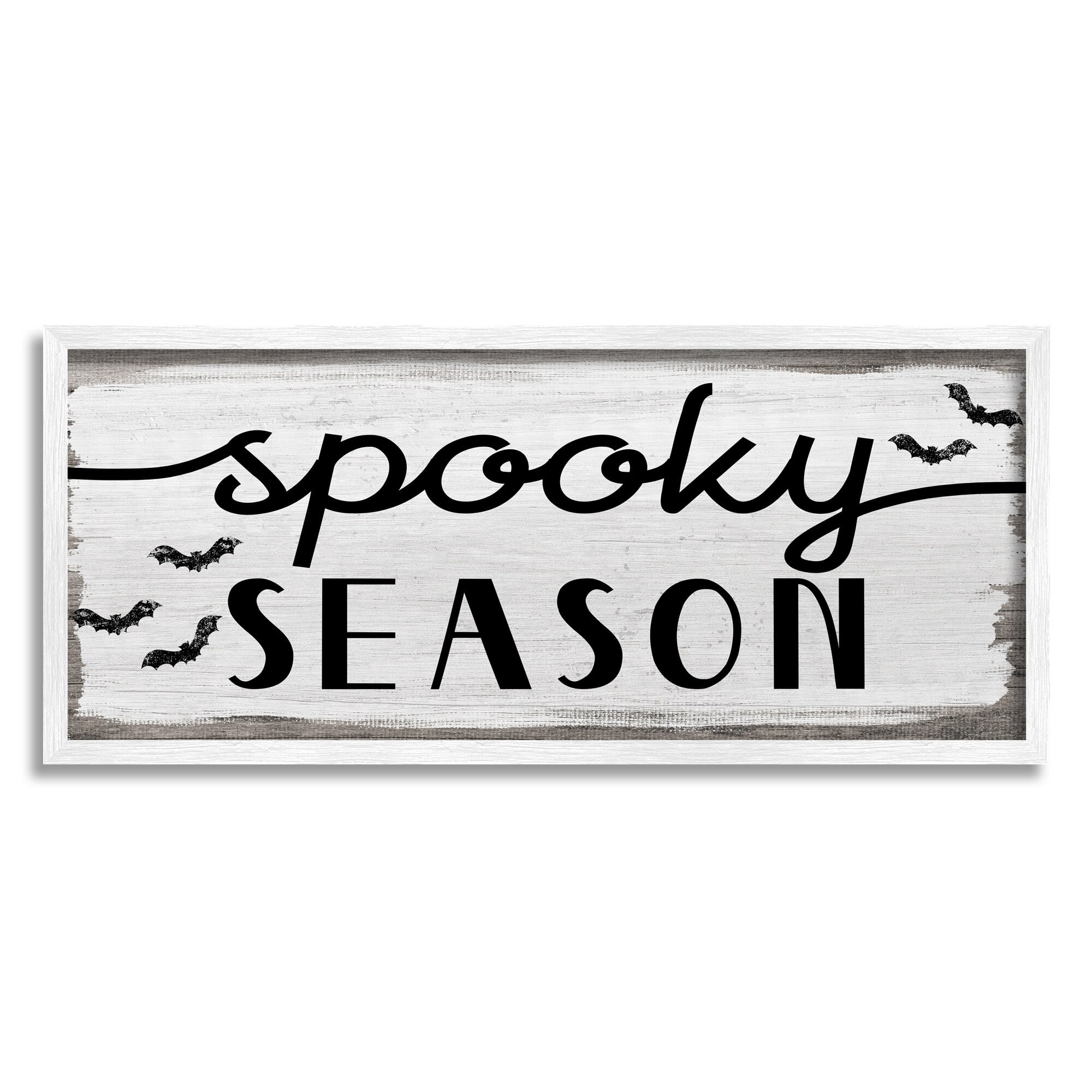 Stupell Industries Spooky Season Sign Black Bats Halloween Phrase Graphic Art White Framed Art Print Wall Art, 30x13, by Daphne Polselli