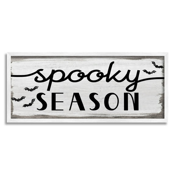 Stupell Industries Spooky Season Sign Black Bats Halloween Phrase Graphic Art White Framed Art Print Wall Art, 30x13, by Daphne Polselli
