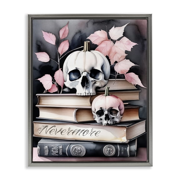 Stupell Industries Spooky Skull Book Stack Floral Painting Gray Floater Framed Canvas Art Print Wall Art, 17 x 21