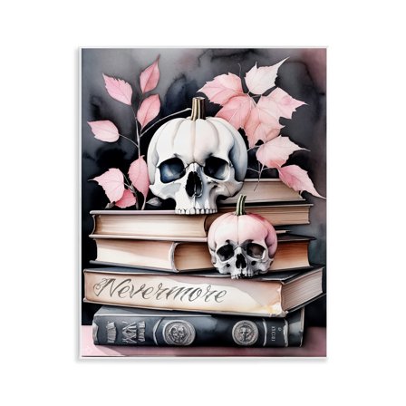 Stupell Industries Spooky Skull Book Stack Floral Painting Unframed Art Print Wall Art, 11 x 14