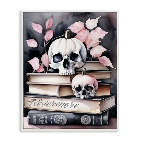 Stupell Industries Spooky Skull Book Stack Floral Painting White Framed Art Print Wall Art, 11 x 14