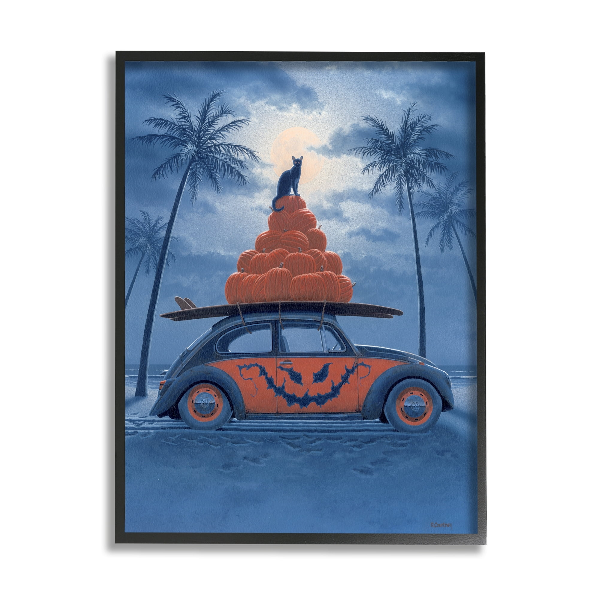 Stupell Industries Spooky Tropical Beach Pumpkin Car Holiday Painting Black Framed Art Print Wall Art