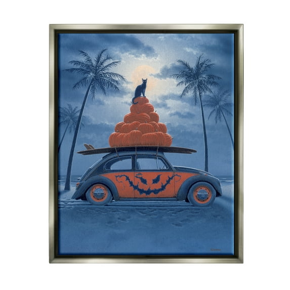 Stupell Industries Spooky Tropical Beach Pumpkin Car Holiday Painting Gray Floater Framed Art Print Wall Art